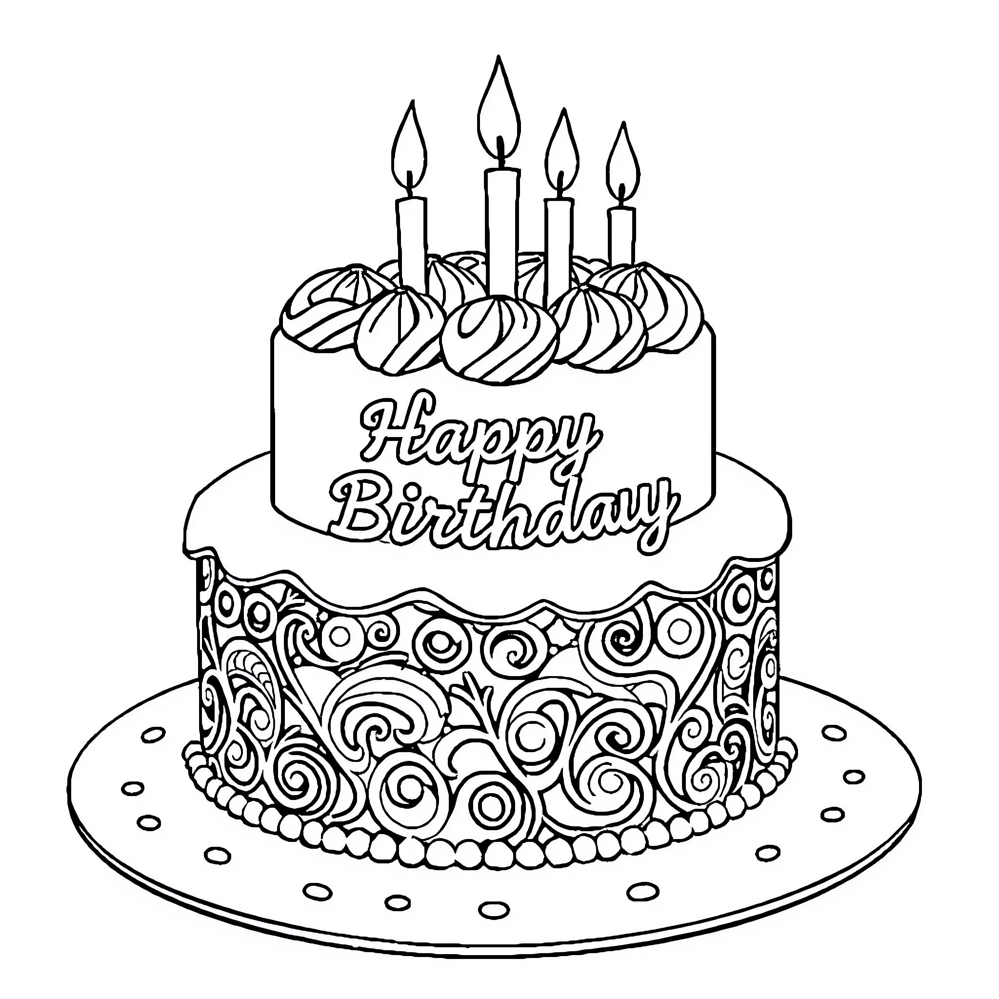 Cake with Candles for Happy Birthday Celebration Coloring Page (free black-and-white line drawing printable PDF for all, from beginners to advanced learners, including children, teens, adults, and seniors)