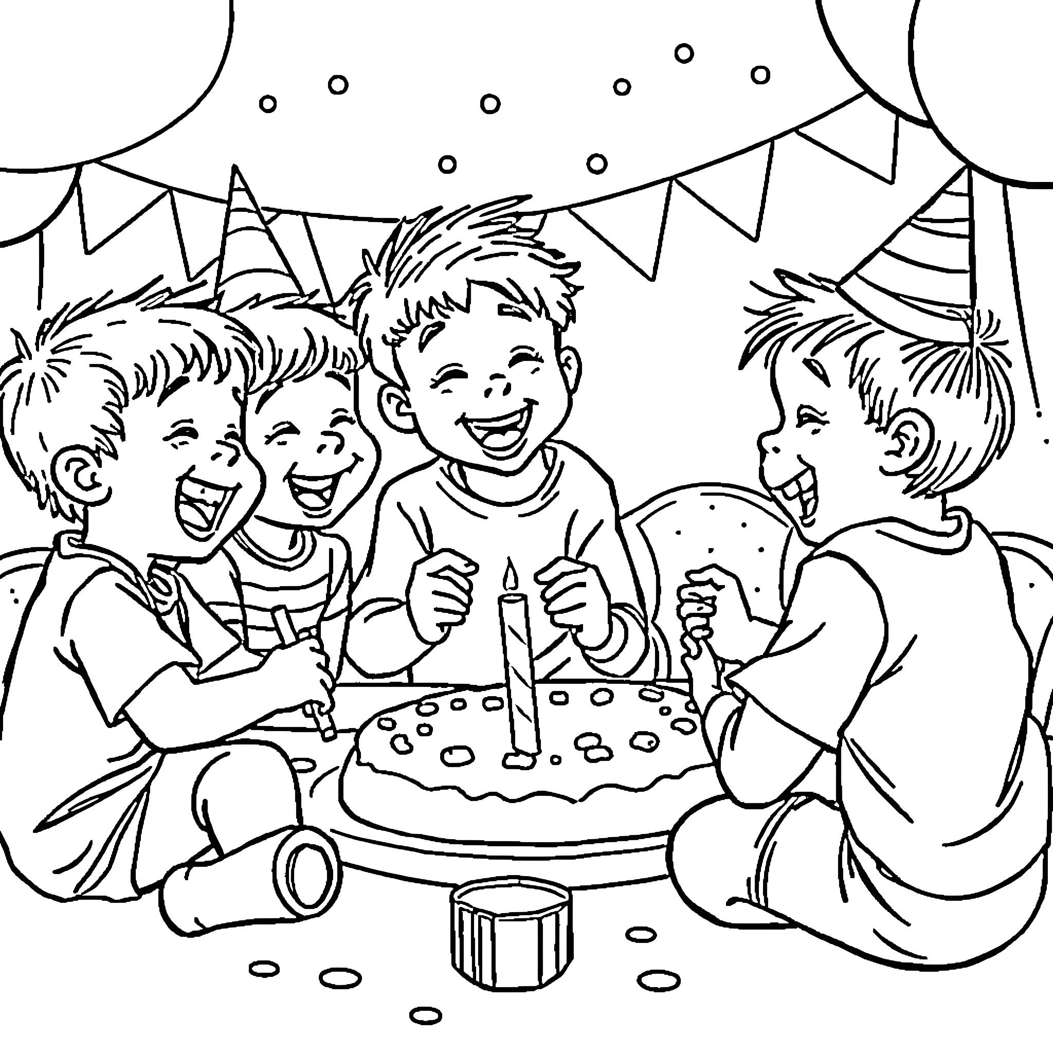 Kid celebrating a birthday with friends Coloring Page (free black-and-white line drawing printable PDF for all, from beginners to advanced learners, including children, teens, adults, and seniors)