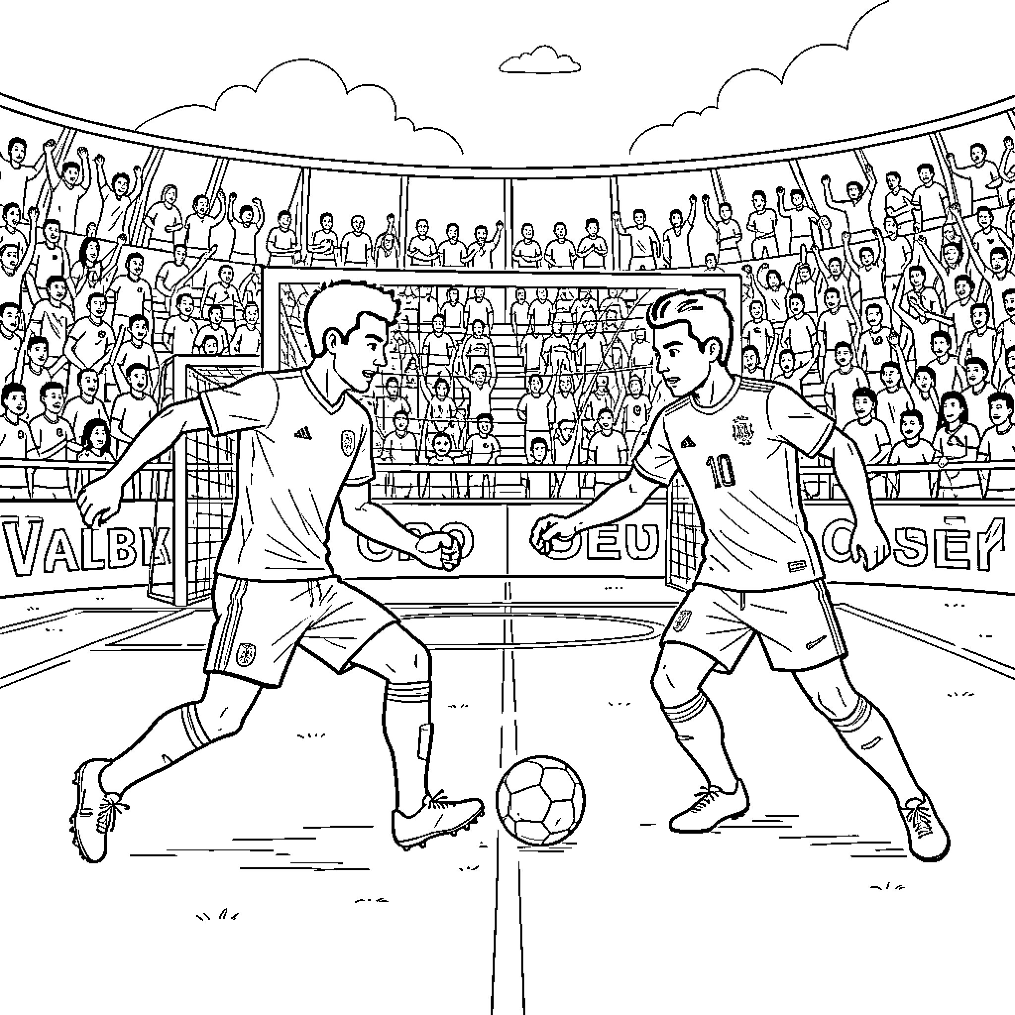 Cabo Verde vs Argentina football players competing for the ball Coloring Page (free black-and-white line drawing printable PDF for all, from beginners to advanced learners, including children, teens, adults, and seniors)