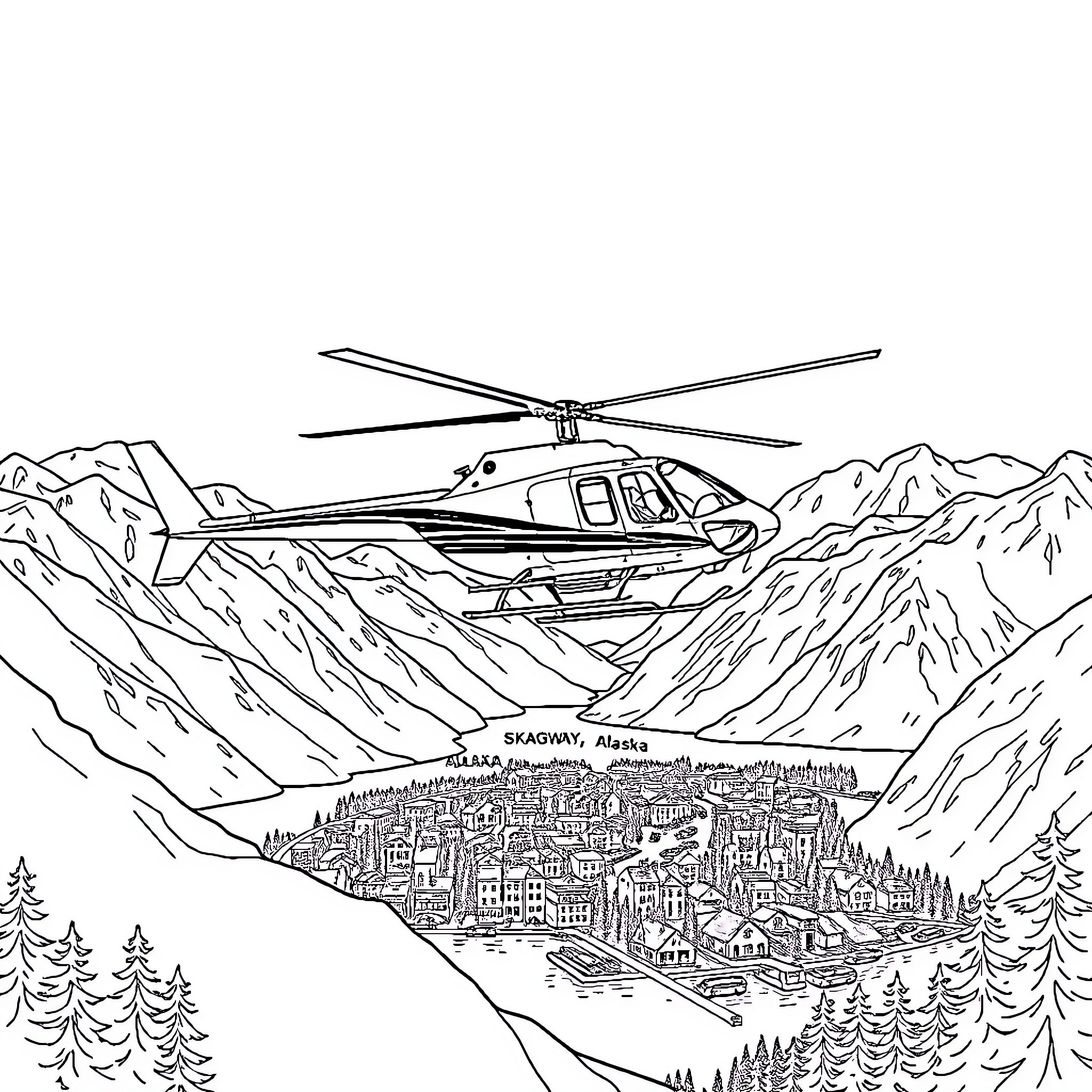 Helicopter flying over mountainous scenic landscape Coloring Page (free black-and-white line drawing printable PDF for all, from beginners to advanced learners, including children, teens, adults, and seniors)