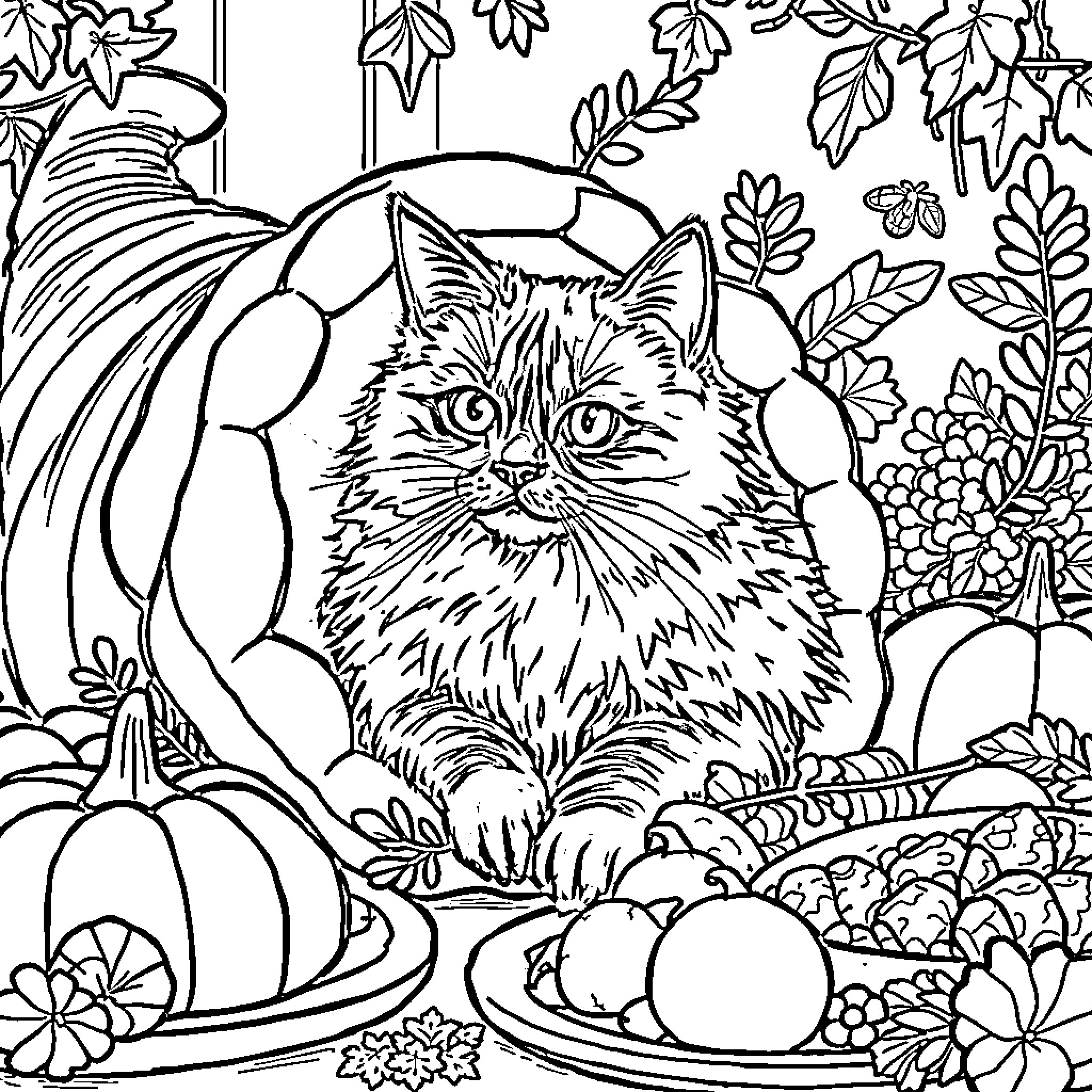 Siamese Cat in Autumn Harvest Scene Coloring Page (free black-and-white line drawing printable PDF for all, from beginners to advanced learners, including children, teens, adults, and seniors)