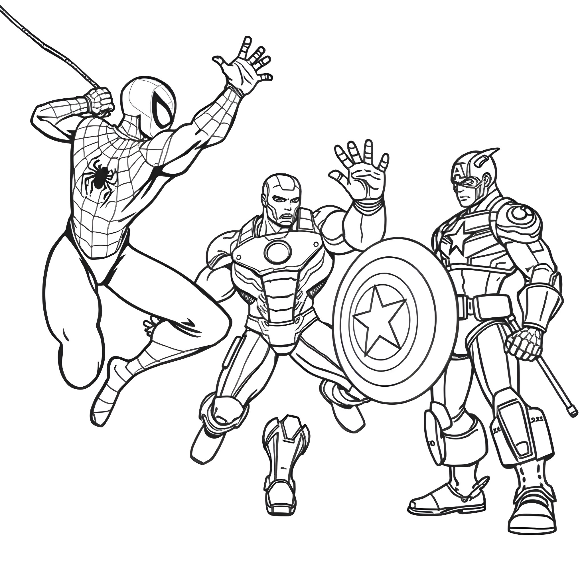 Superhero Team in Action Poses Coloring Page (free black-and-white line drawing printable PDF for all, from beginners to advanced learners, including children, teens, adults, and seniors)