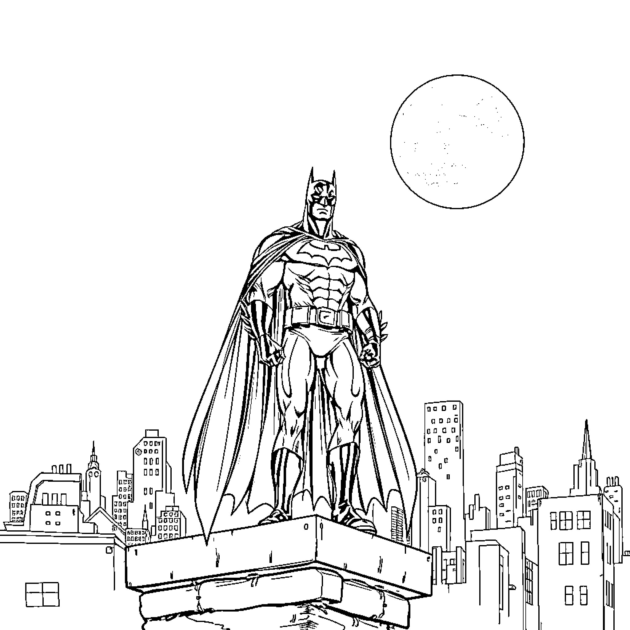 Batman overlooking the city at night Coloring Page (free black-and-white line drawing printable PDF for all, from beginners to advanced learners, including children, teens, adults, and seniors)