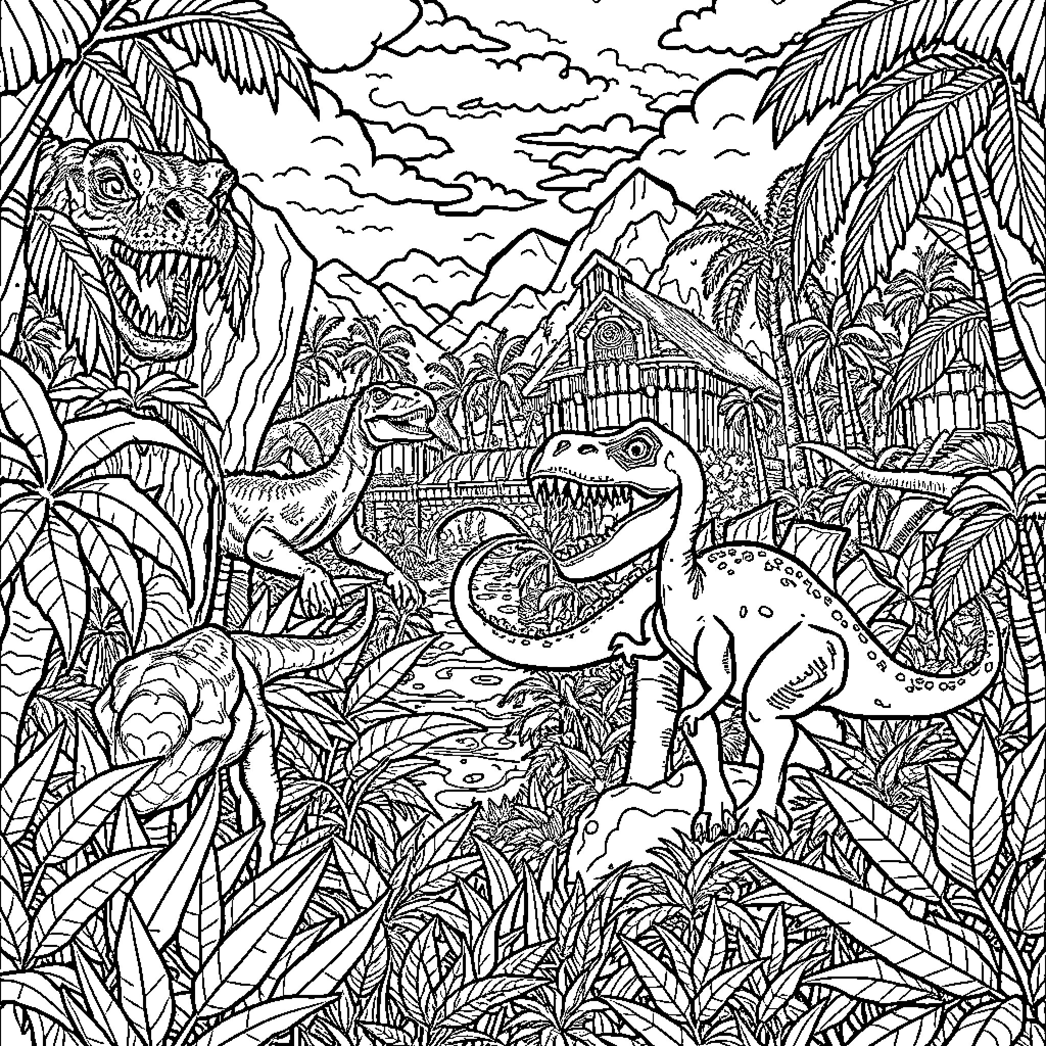 Dinosaurs roaming through the lush tropical landscape Coloring Page (free black-and-white line drawing printable PDF for all, from beginners to advanced learners, including children, teens, adults, and seniors)