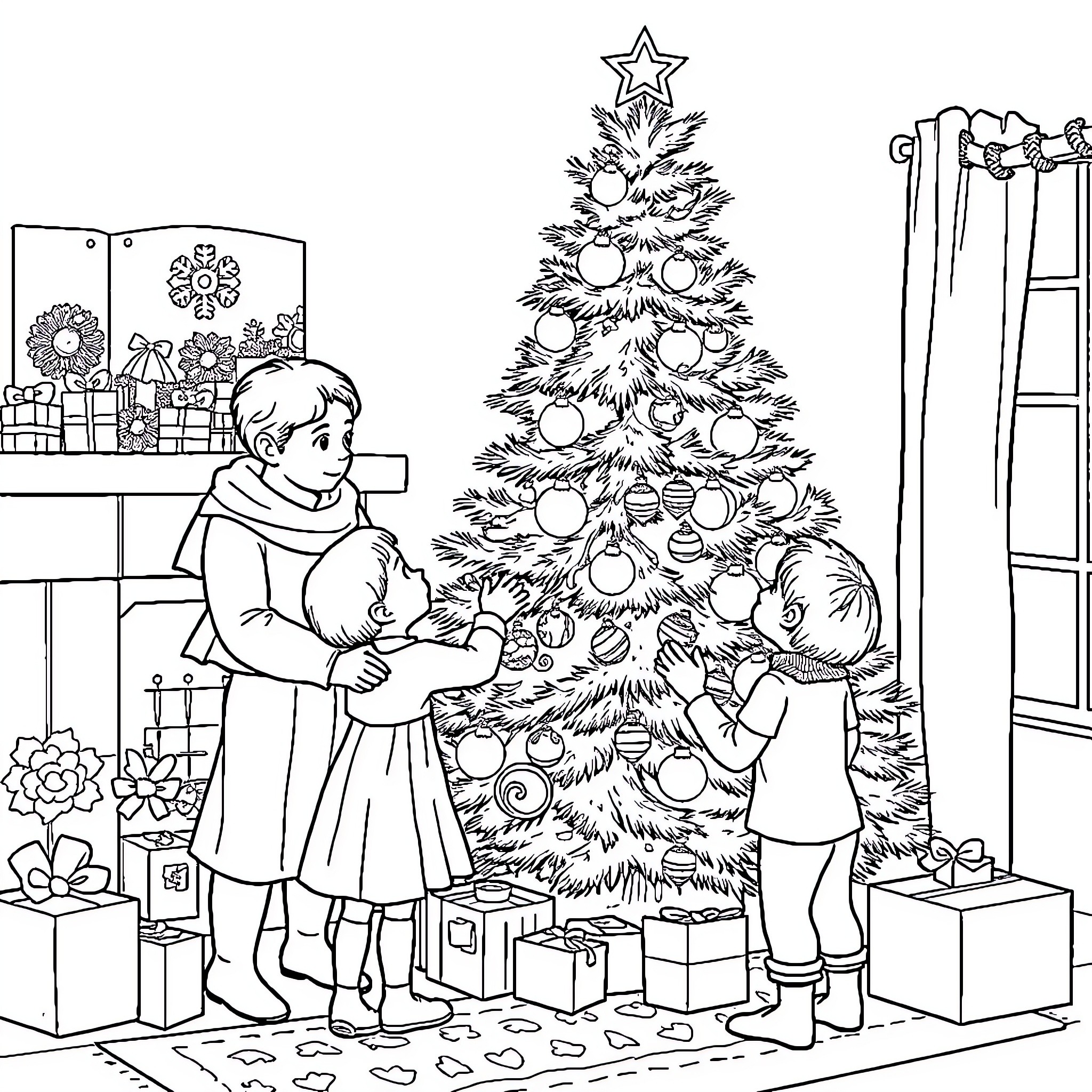 Christmas Tree with Children Decorating and Exchanging Gifts Coloring Page (free black-and-white line drawing printable PDF for all, from beginners to advanced learners, including children, teens, adults, and seniors)
