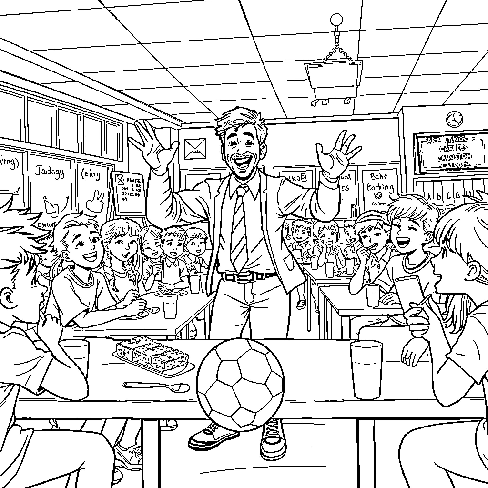 Teacher engaging students with excitement in the classroom Coloring Page (free black-and-white line drawing printable PDF for all, from beginners to advanced learners, including children, teens, adults, and seniors)