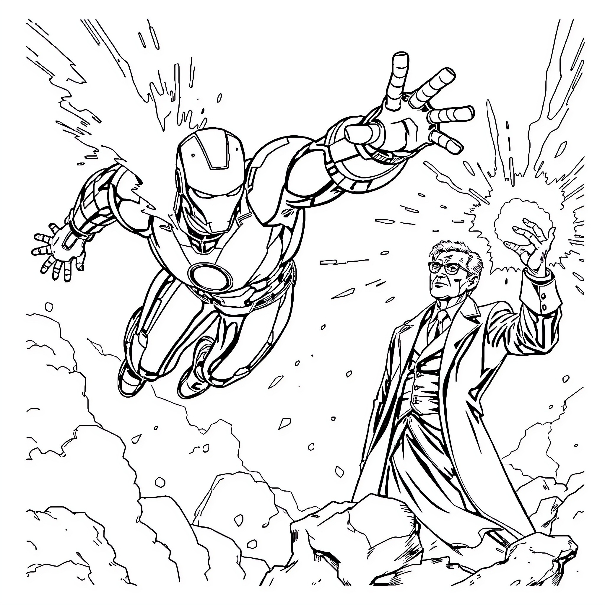 Iron Man saving the day with heroic action Coloring Page (free black-and-white line drawing printable PDF for all, from beginners to advanced learners, including children, teens, adults, and seniors)