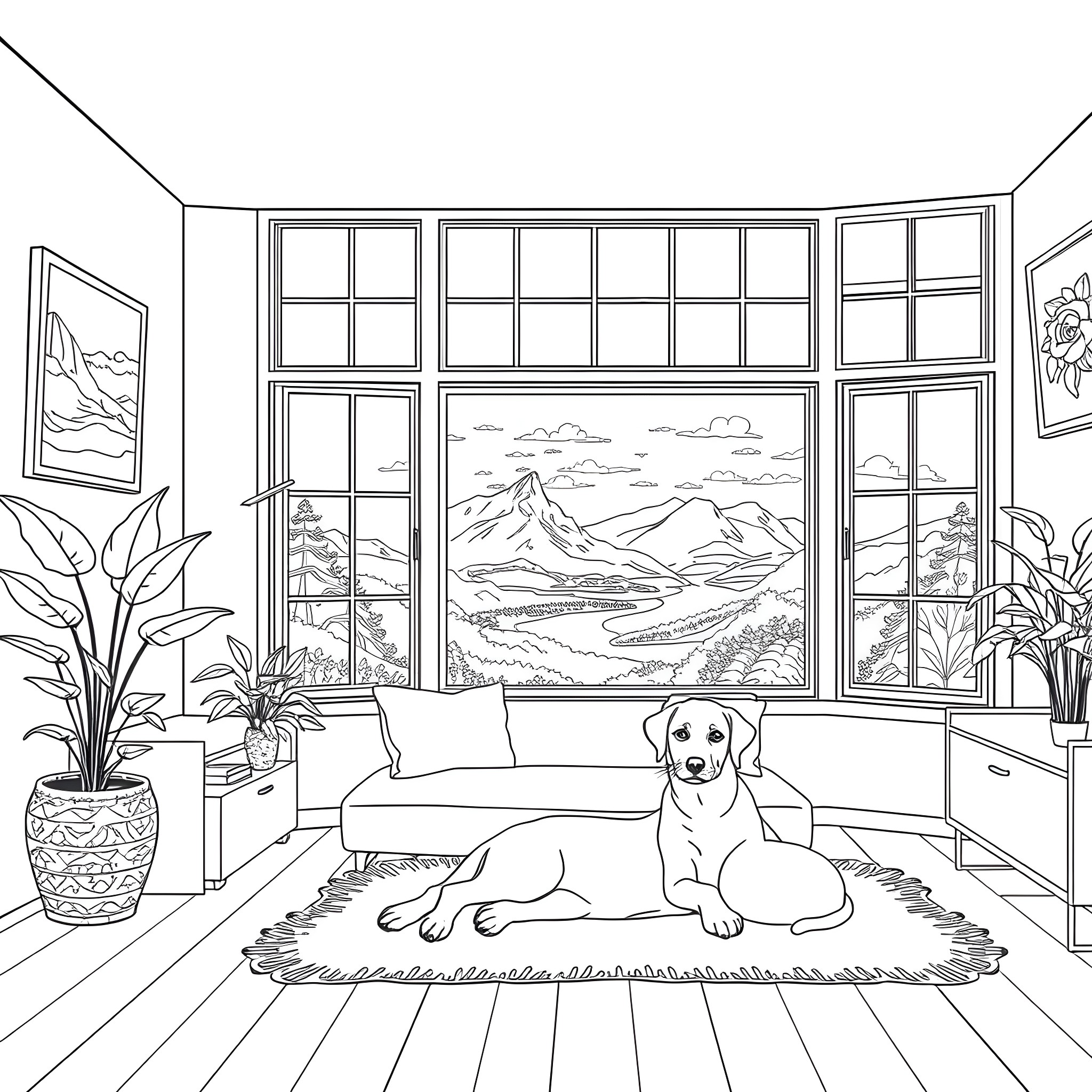 Cat and Dog Relaxing in Cozy Home Interior Coloring Page (free black-and-white line drawing printable PDF for all, from beginners to advanced learners, including children, teens, adults, and seniors)