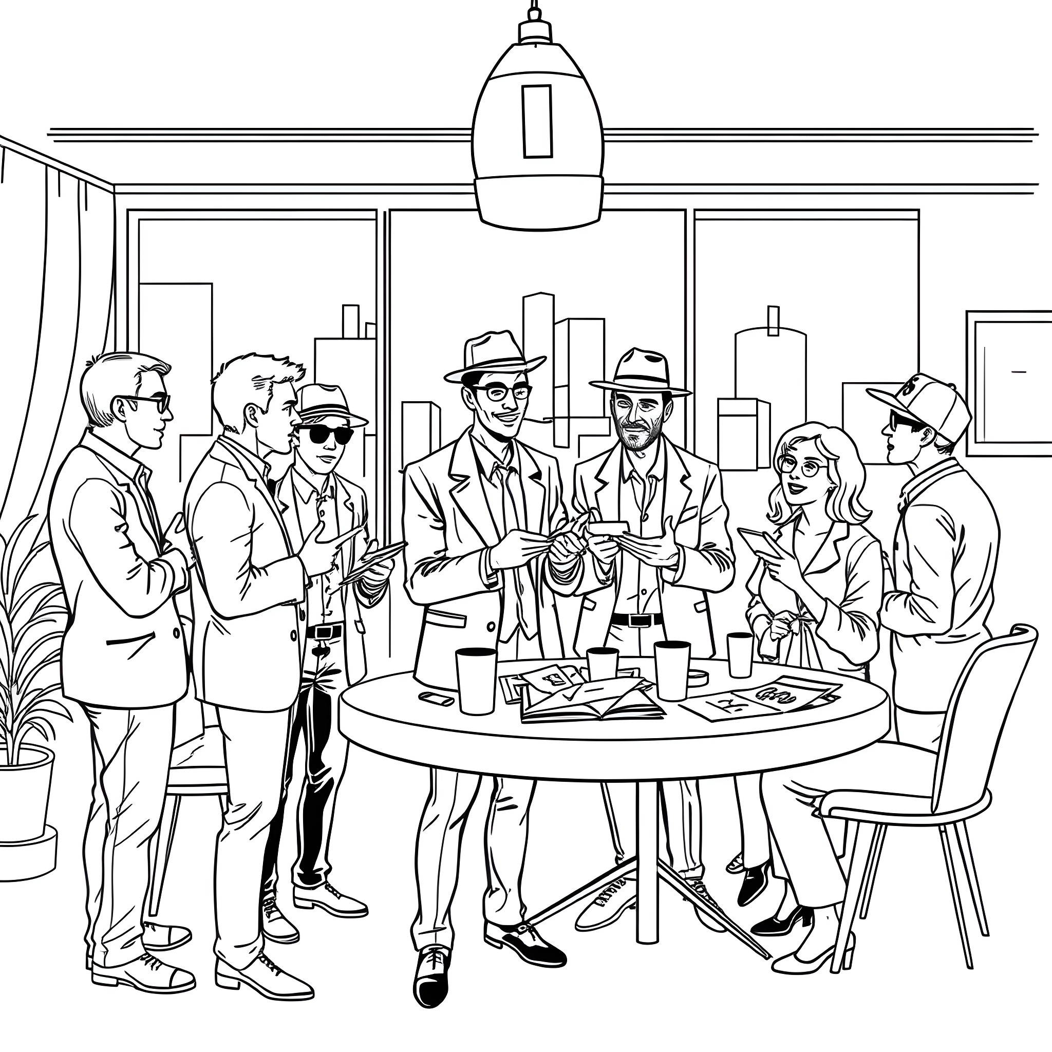 Architect discussing design plans with team in office Coloring Page (free black-and-white line drawing printable PDF for all, from beginners to advanced learners, including children, teens, adults, and seniors)