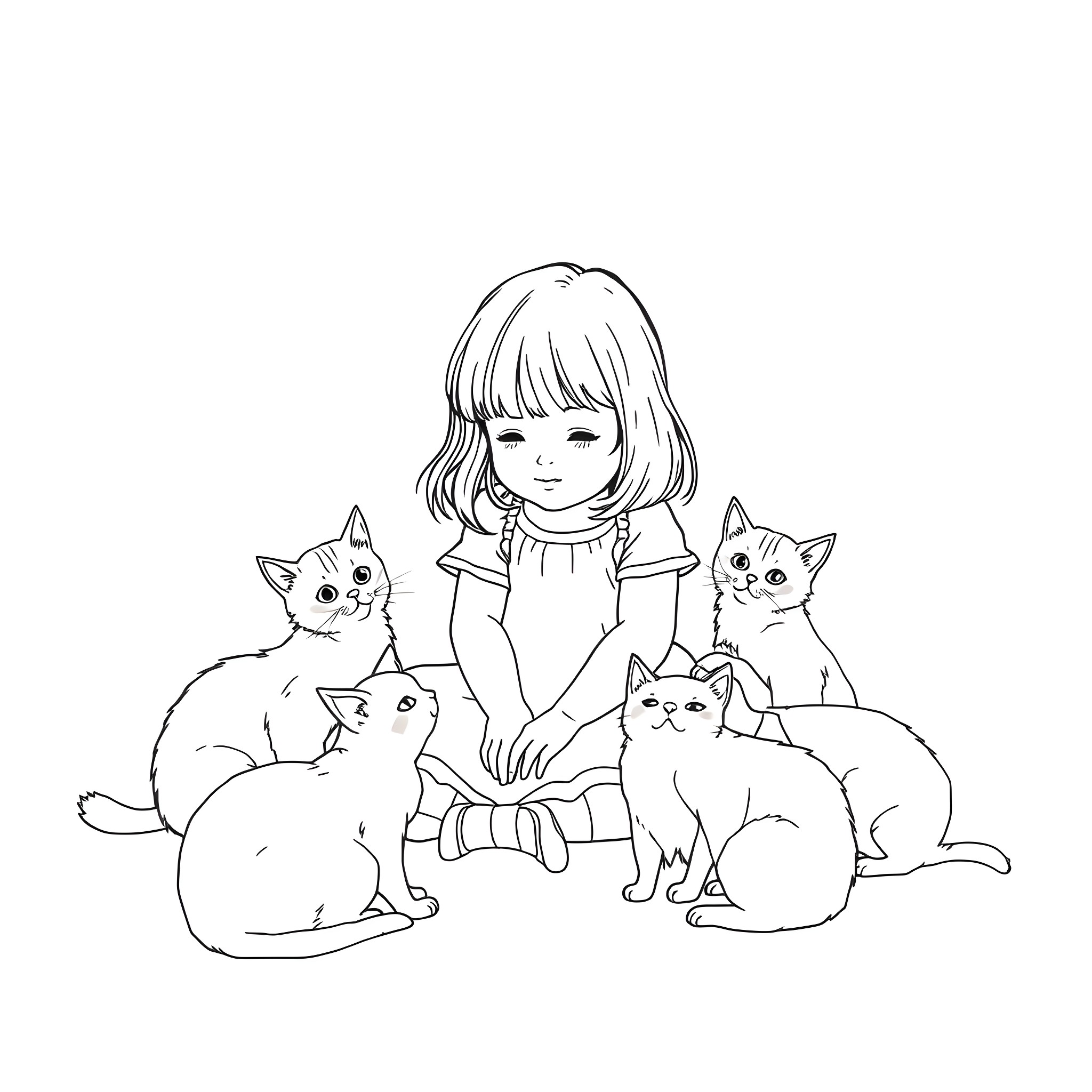 Girl playing with adorable kittens Coloring Page (free black-and-white line drawing printable PDF for all, from beginners to advanced learners, including children, teens, adults, and seniors)