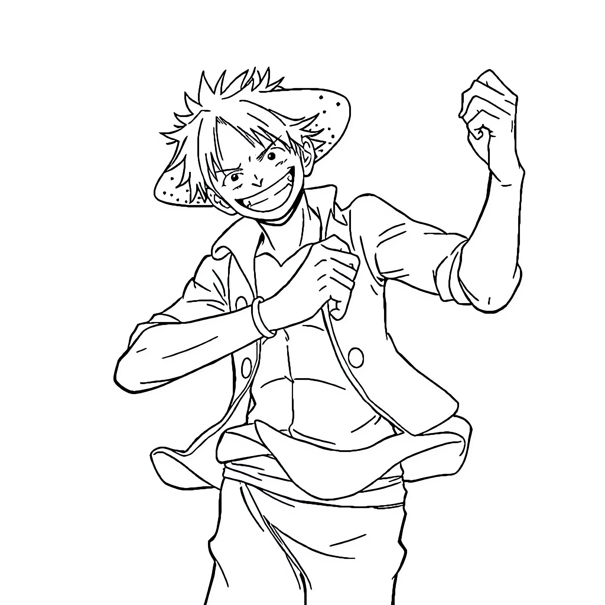 Luffy Celebrating with Enthusiasm Coloring Page (free black-and-white line drawing printable PDF for all, from beginners to advanced learners, including children, teens, adults, and seniors)