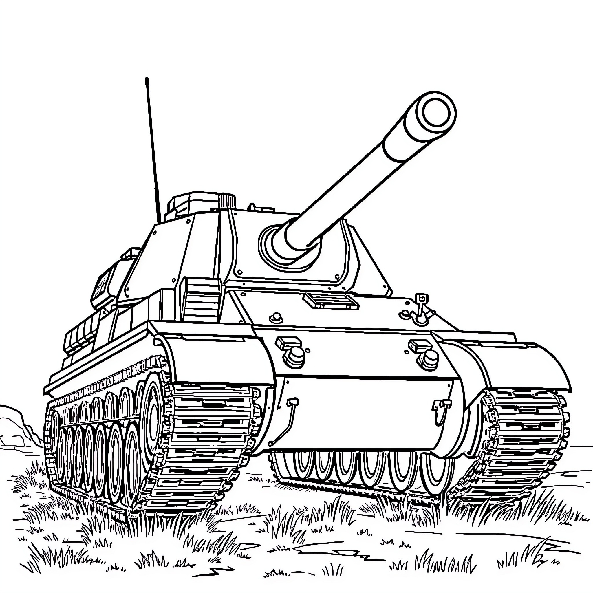 Tank in combat-ready stance on grassy field Coloring Page (free black-and-white line drawing printable PDF for all, from beginners to advanced learners, including children, teens, adults, and seniors)
