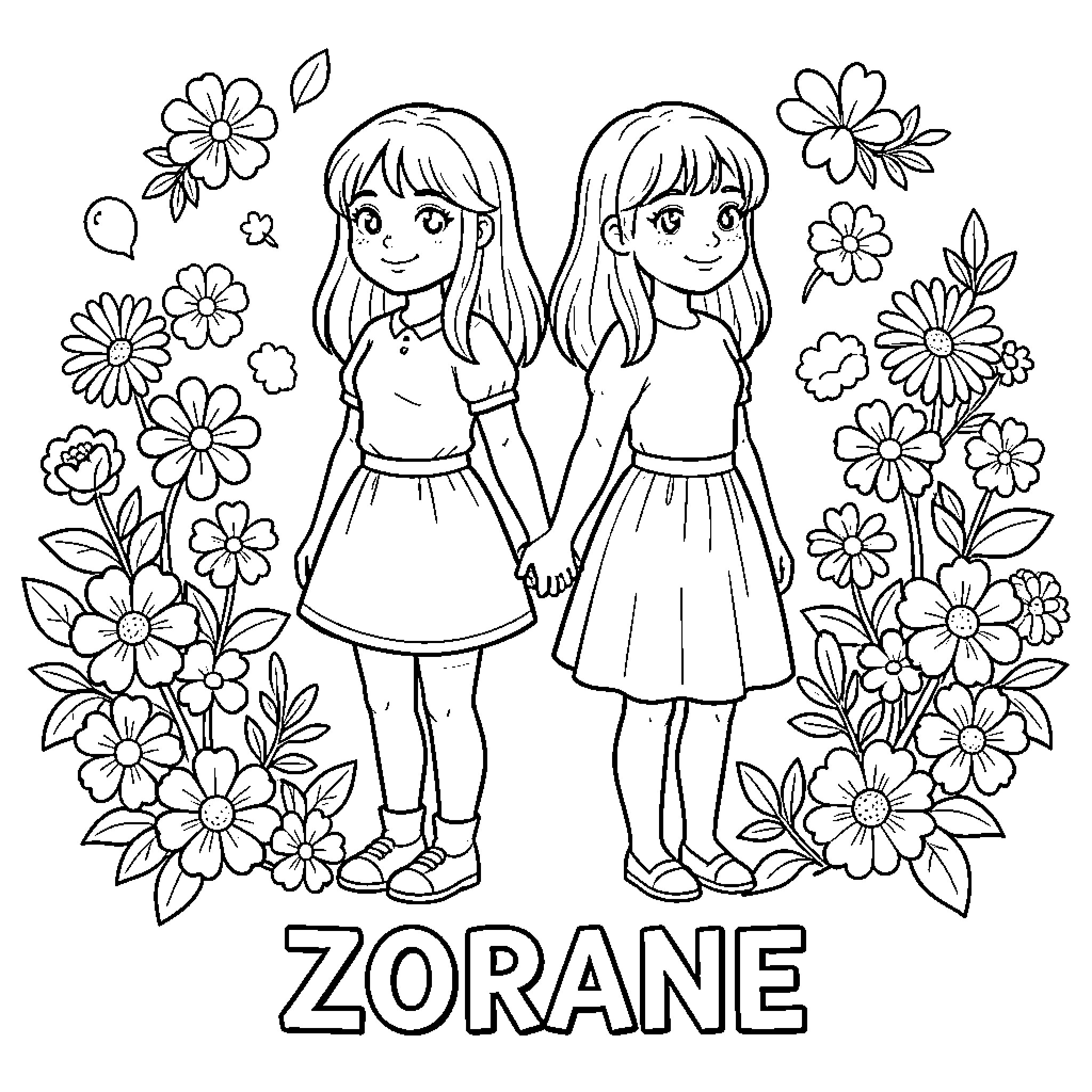 Friend's Floral Fun in Bloom Coloring Page (free black-and-white line drawing printable PDF for all, from beginners to advanced learners, including children, teens, adults, and seniors)