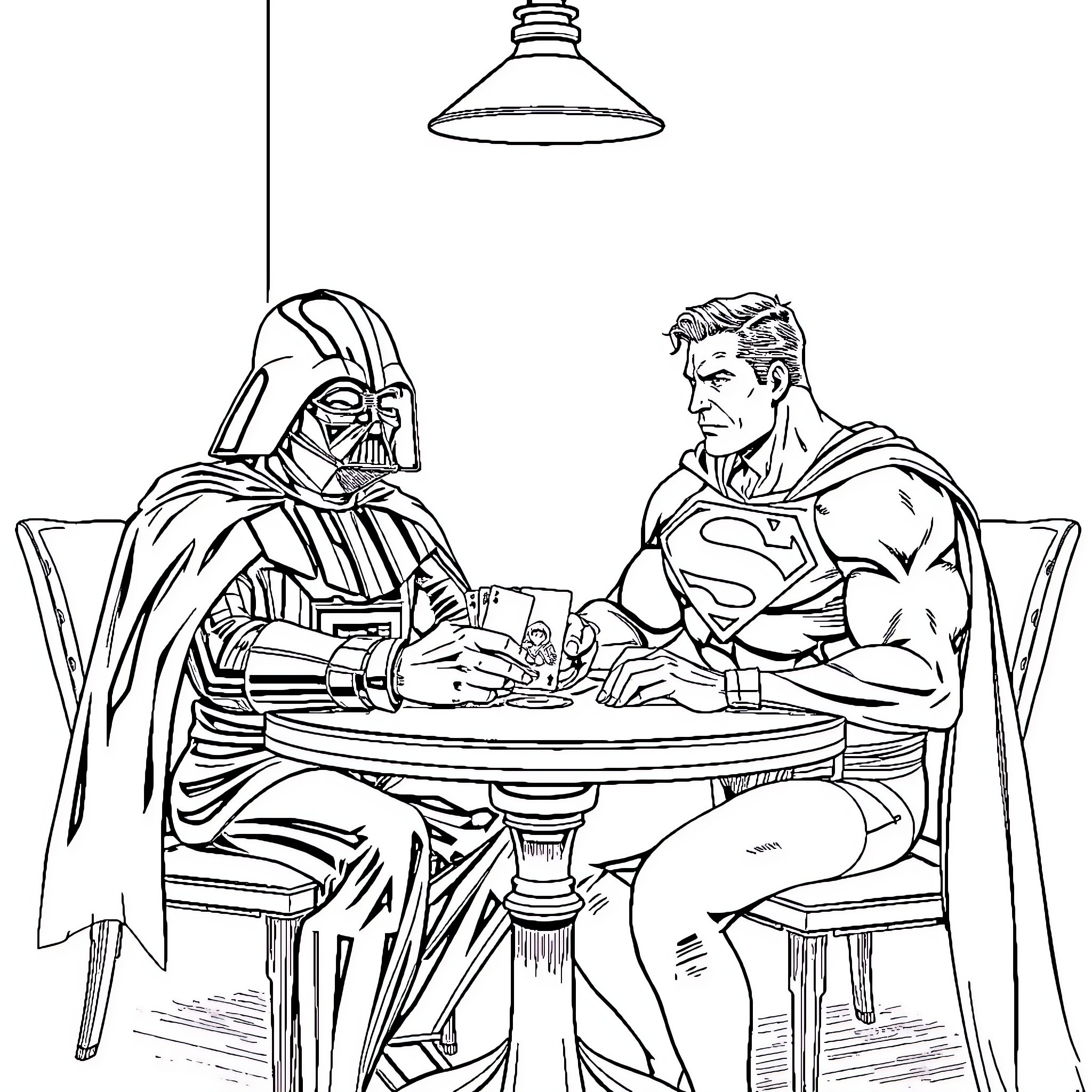 Superman and Darth Vader playing a game together Coloring Page (free black-and-white line drawing printable PDF for all, from beginners to advanced learners, including children, teens, adults, and seniors)