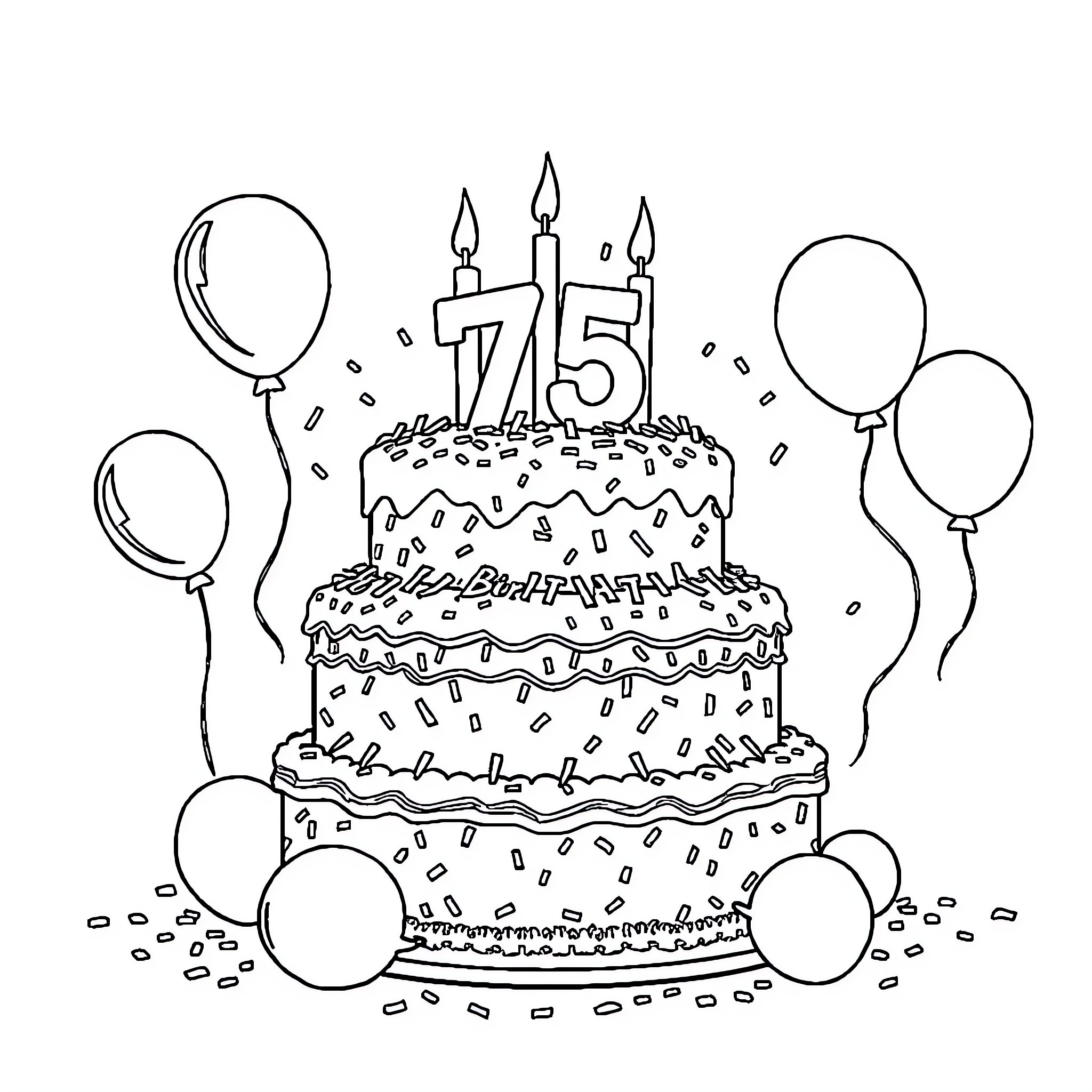 Cake with 75 candles and balloons for celebration Coloring Page (free black-and-white line drawing printable PDF for all, from beginners to advanced learners, including children, teens, adults, and seniors)