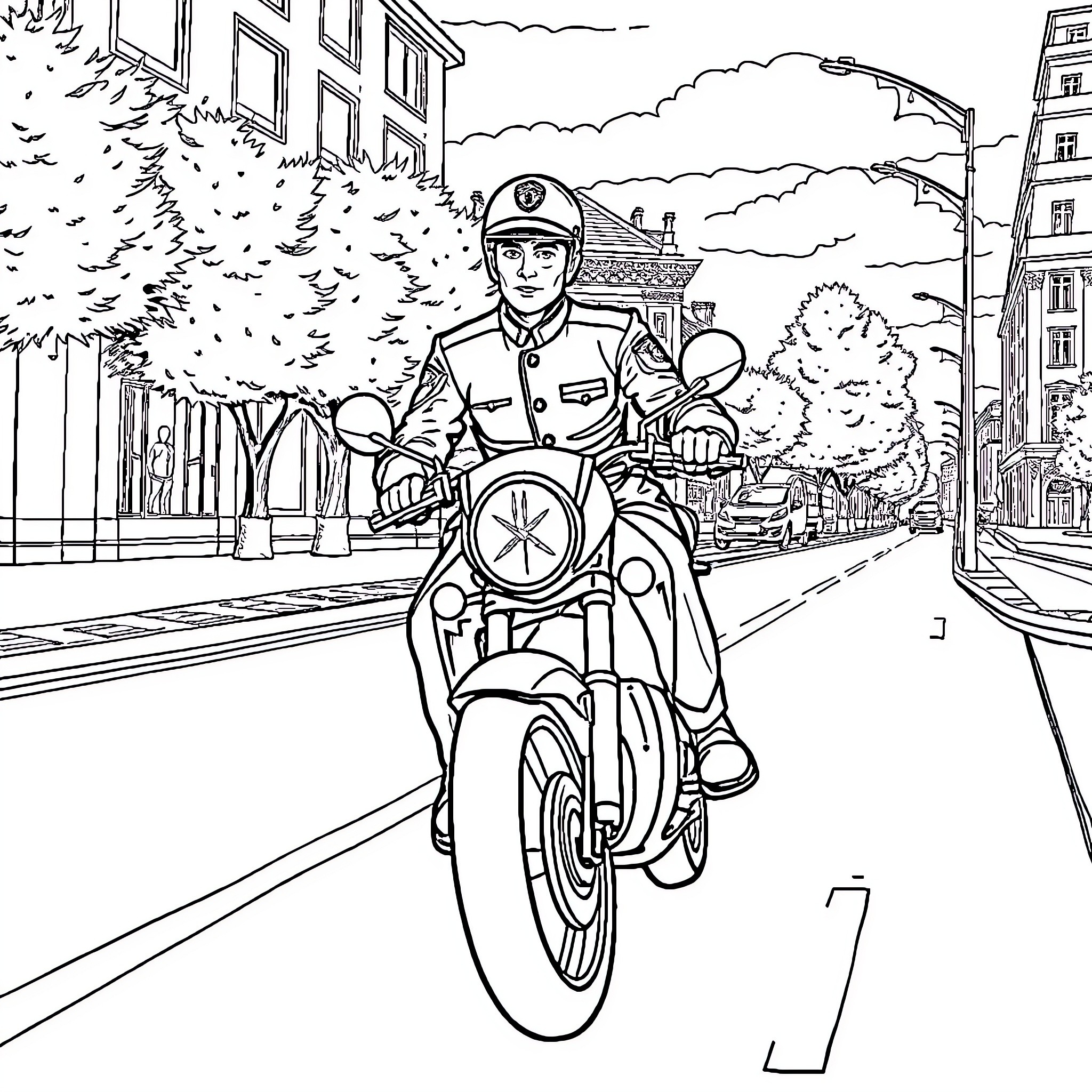 Firefighter riding motorcycle on city street Coloring Page (free black-and-white line drawing printable PDF for all, from beginners to advanced learners, including children, teens, adults, and seniors)