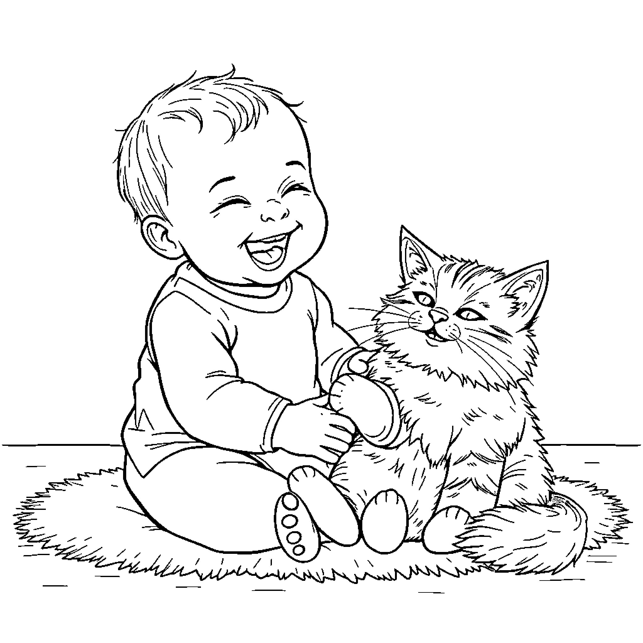 Baby happily playing with a kitten Coloring Page (free black-and-white line drawing printable PDF for all, from beginners to advanced learners, including children, teens, adults, and seniors)