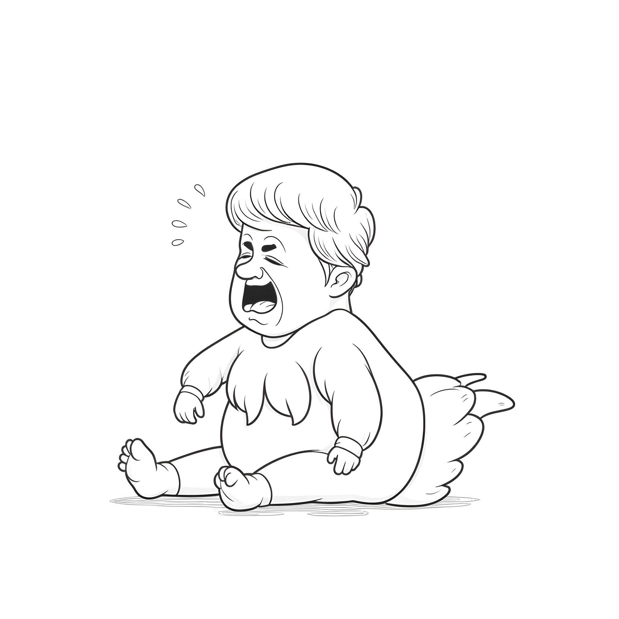 Donald Trump as a baby crying on the floor Coloring Page (free black-and-white line drawing printable PDF for all, from beginners to advanced learners, including children, teens, adults, and seniors)