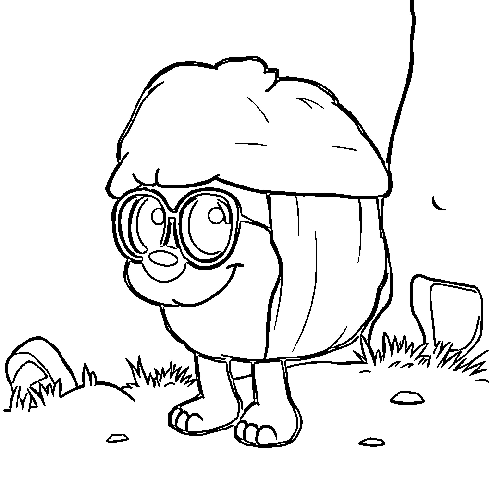 ShedletSky Silly Mushroom Character in Field Coloring Page (free black-and-white line drawing printable PDF for all, from beginners to advanced learners, including children, teens, adults, and seniors)