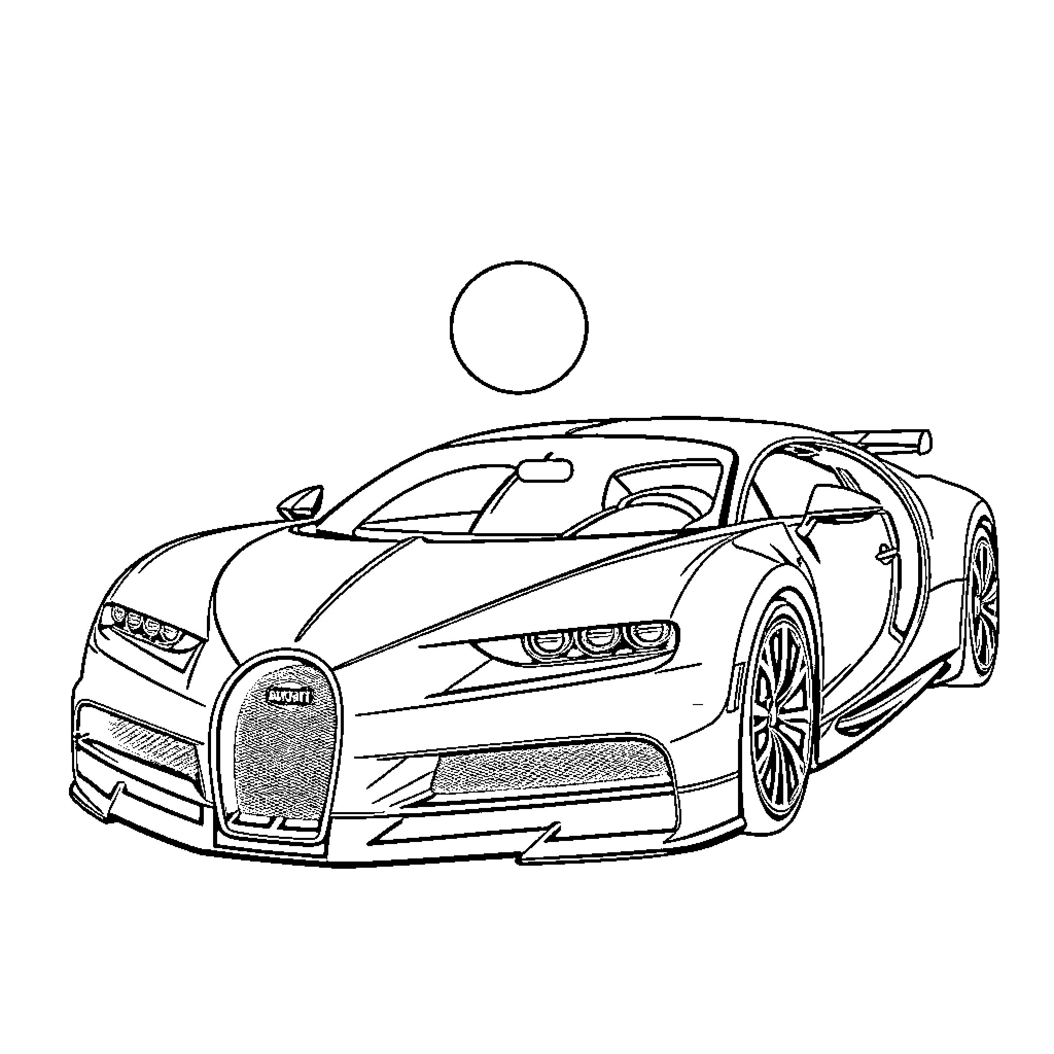 Bugatti sports car with racing stripes and spoiler Coloring Page (free black-and-white line drawing printable PDF for all, from beginners to advanced learners, including children, teens, adults, and seniors)