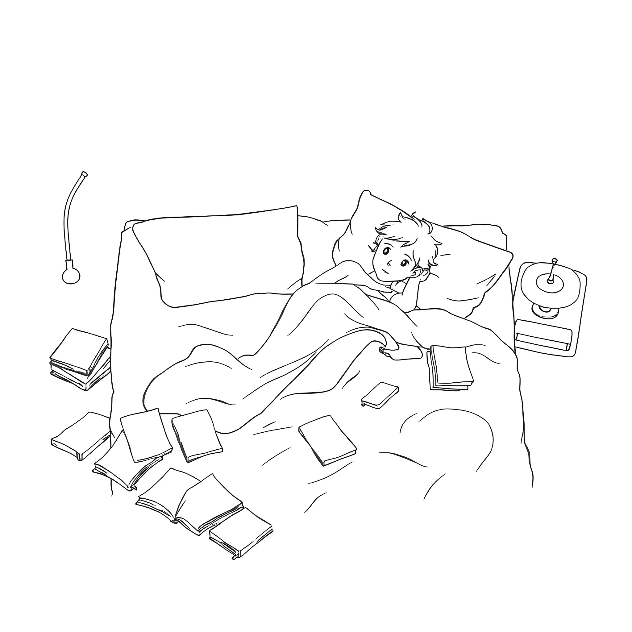 Guy resting in bed surrounded by books Coloring Page (free black-and-white line drawing printable PDF for all, from beginners to advanced learners, including children, teens, adults, and seniors)