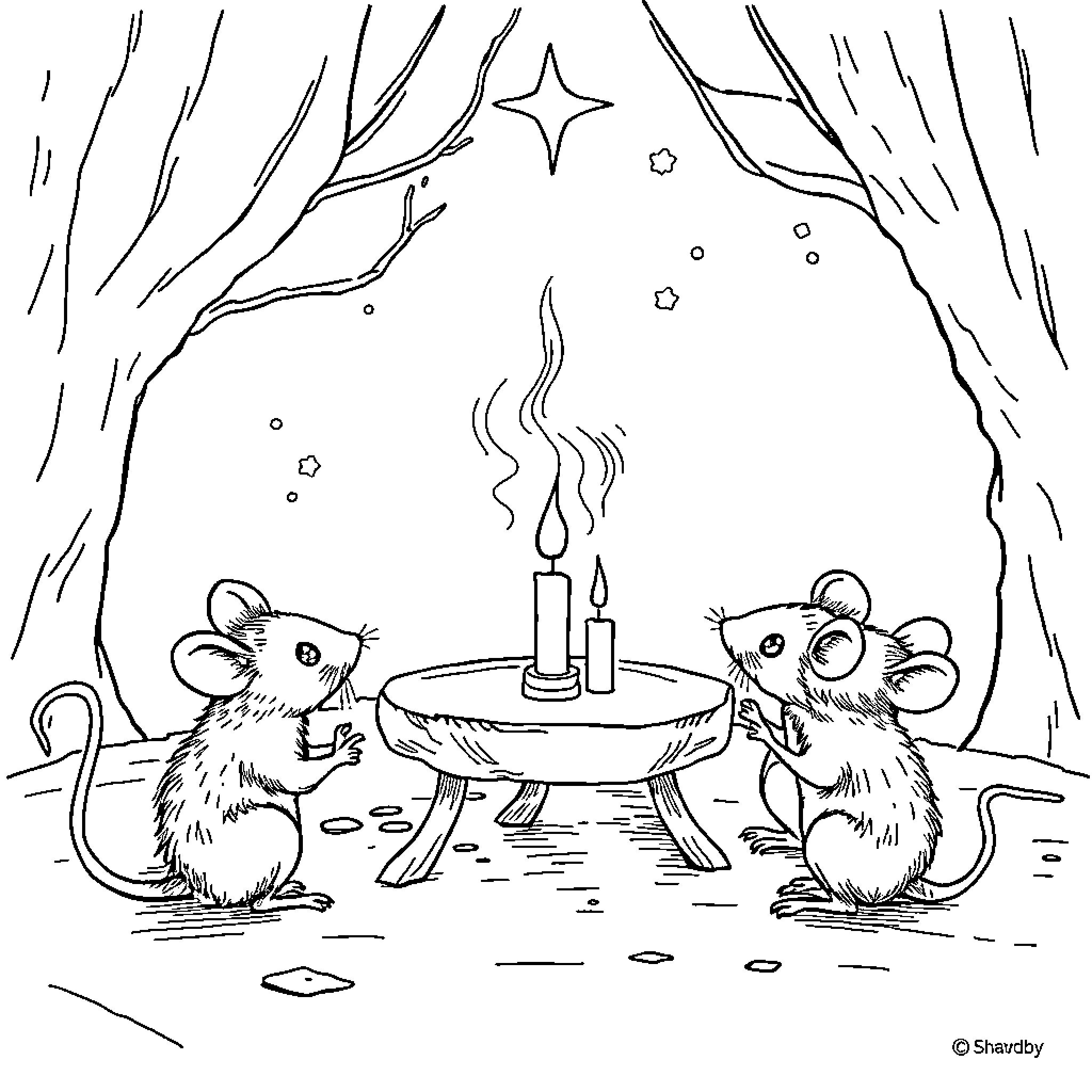Mouse friends celebrate by candlelight Coloring Page (free black-and-white line drawing printable PDF for all, from beginners to advanced learners, including children, teens, adults, and seniors)