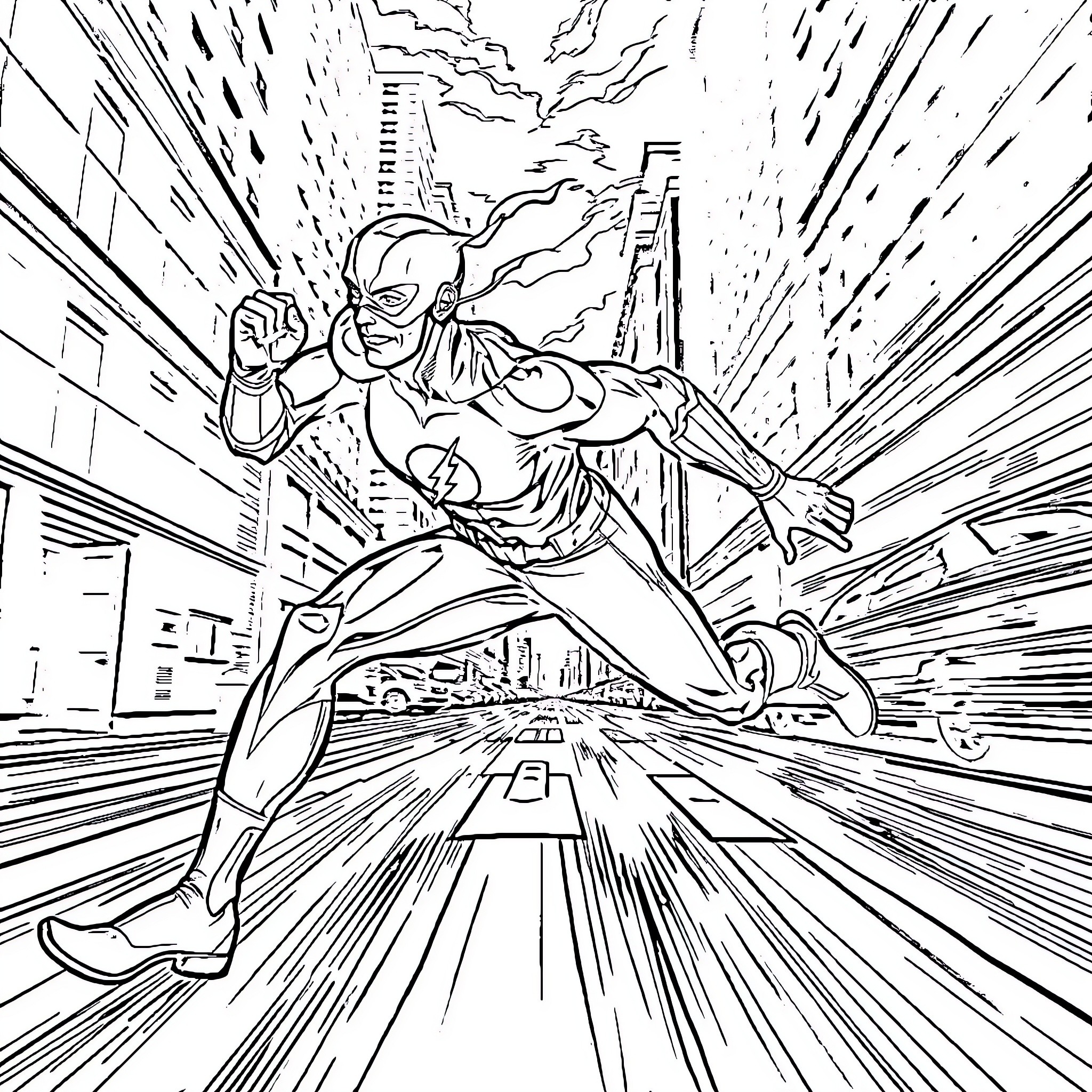 Flash racing through the city in action Coloring Page (free black-and-white line drawing printable PDF for all, from beginners to advanced learners, including children, teens, adults, and seniors)