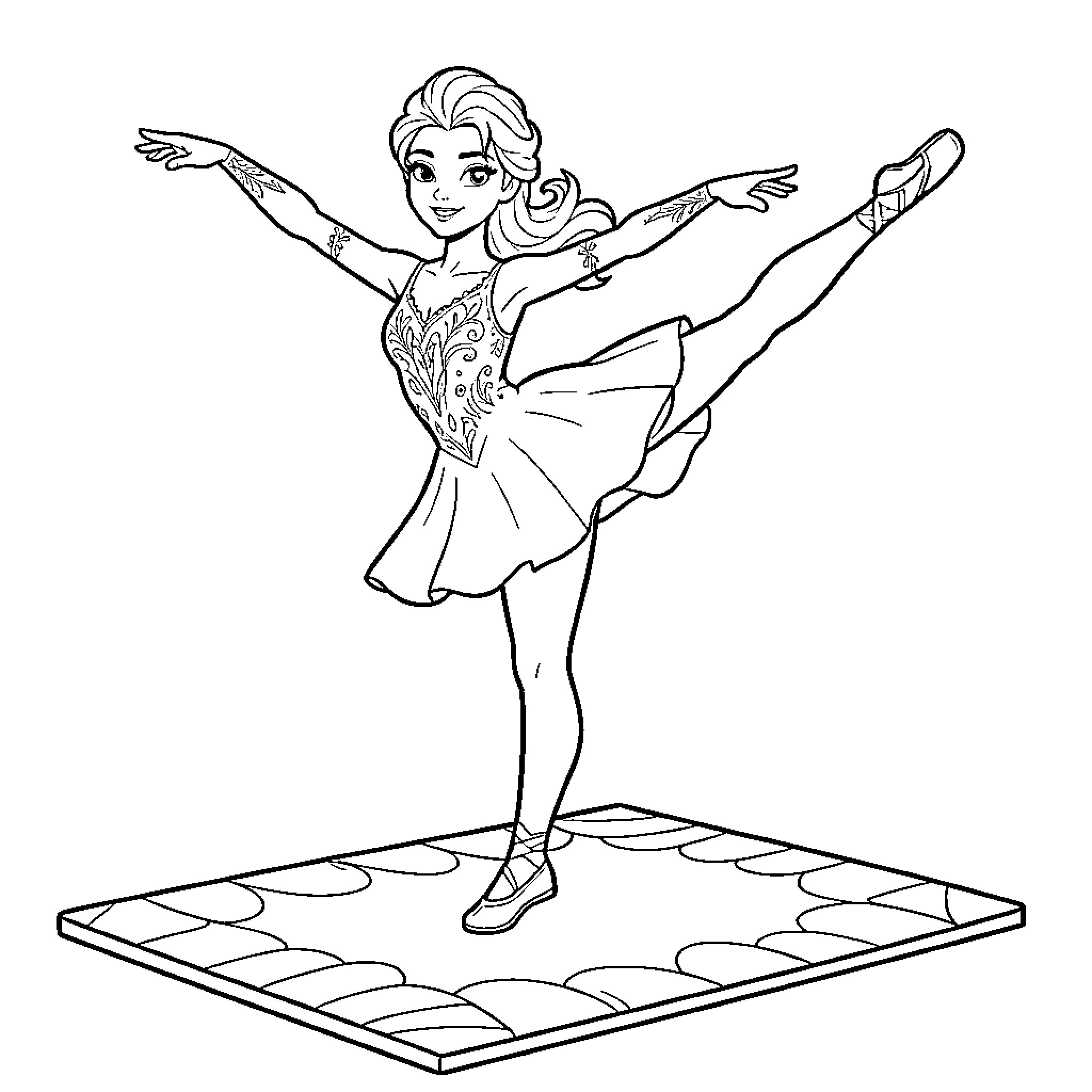 Elsa ballerina dancing gracefully on stage Coloring Page (free black-and-white line drawing printable PDF for all, from beginners to advanced learners, including children, teens, adults, and seniors)