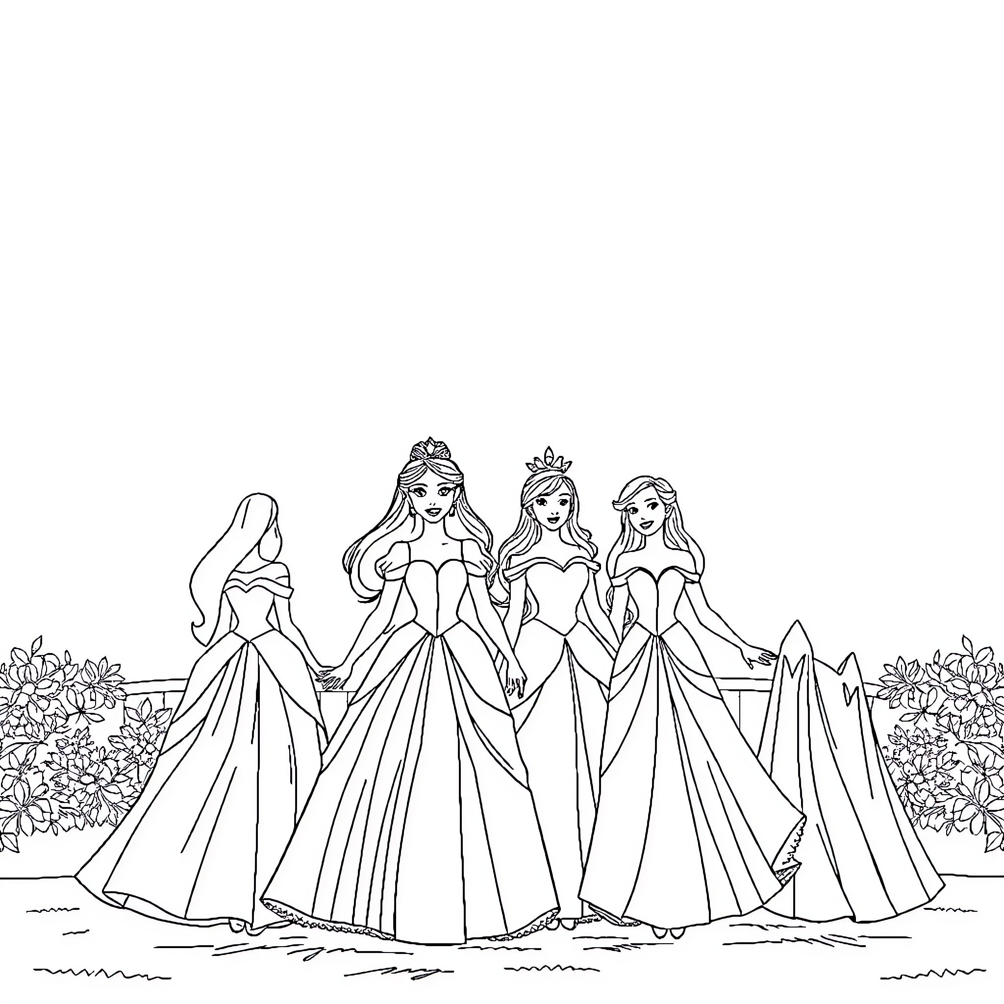 Disney Princess Trio in Elegant Gowns Coloring Page (free black-and-white line drawing printable PDF for all, from beginners to advanced learners, including children, teens, adults, and seniors)