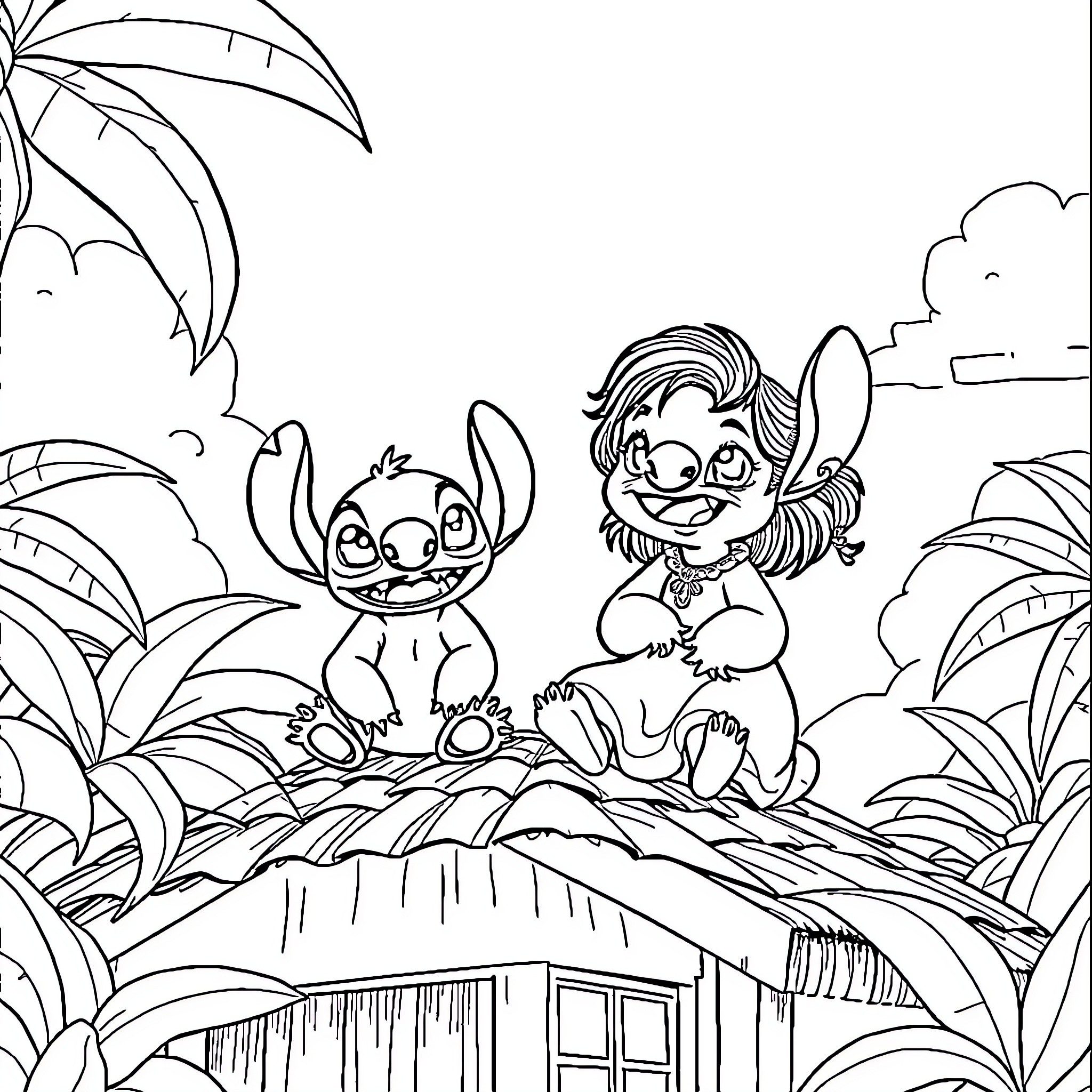 Lilo And Stitch playing mischievously in the tropical paradise Coloring Page (free black-and-white line drawing printable PDF for all, from beginners to advanced learners, including children, teens, adults, and seniors)
