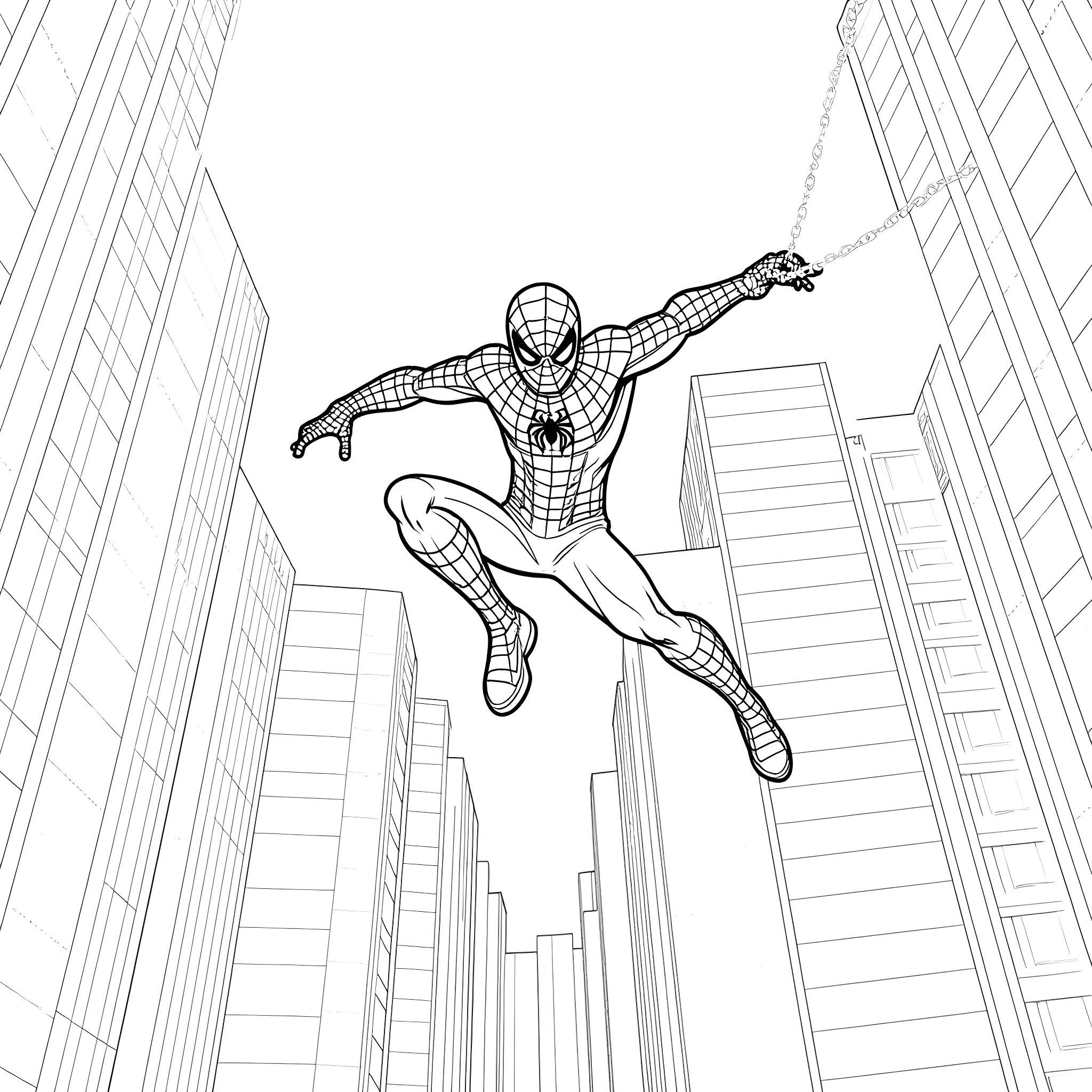 Spider-Man swinging through the city Coloring Page (free black-and-white line drawing printable PDF for all, from beginners to advanced learners, including children, teens, adults, and seniors)