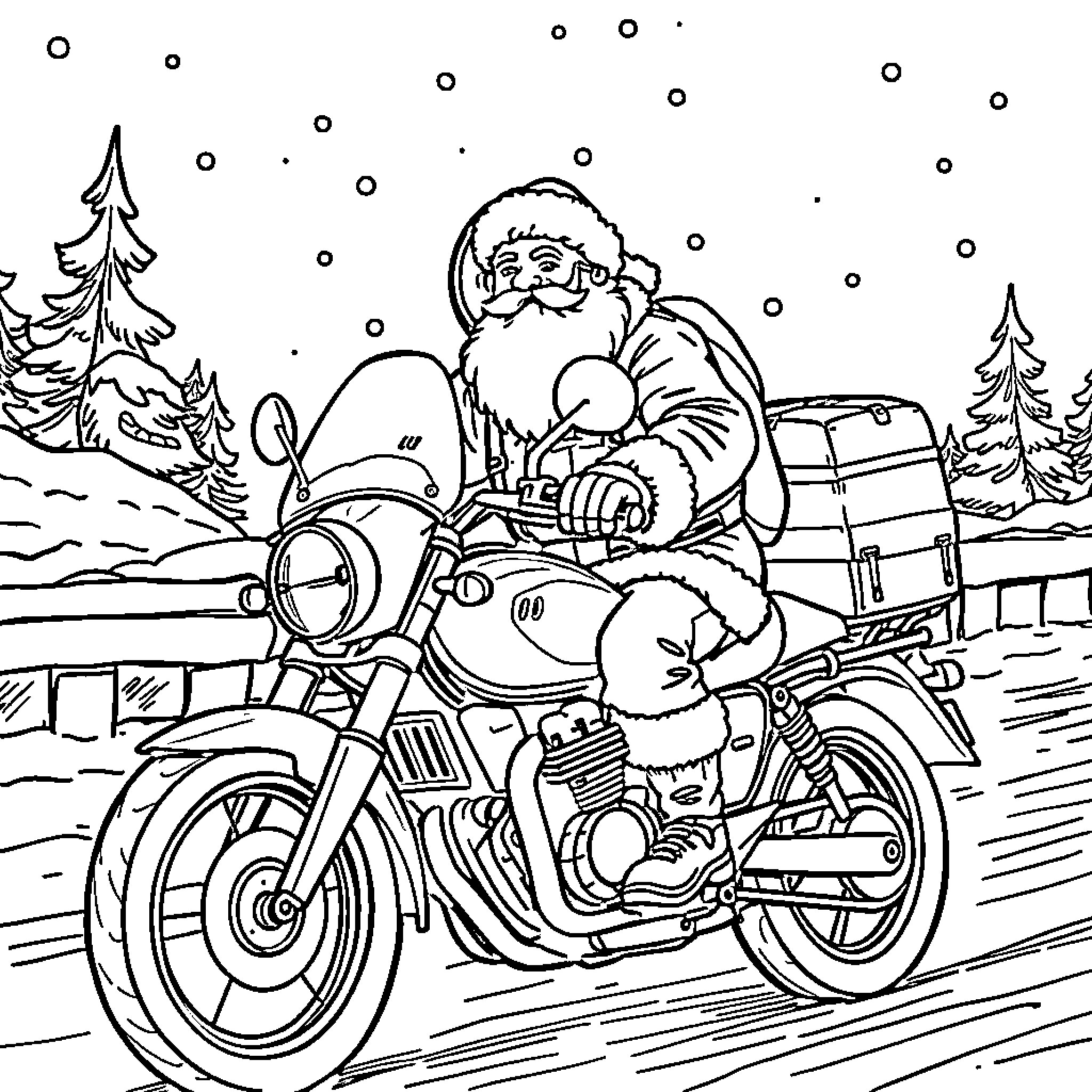Santa Claus riding a motorcycle in snowy winter landscape Coloring Page (free black-and-white line drawing printable PDF for all, from beginners to advanced learners, including children, teens, adults, and seniors)