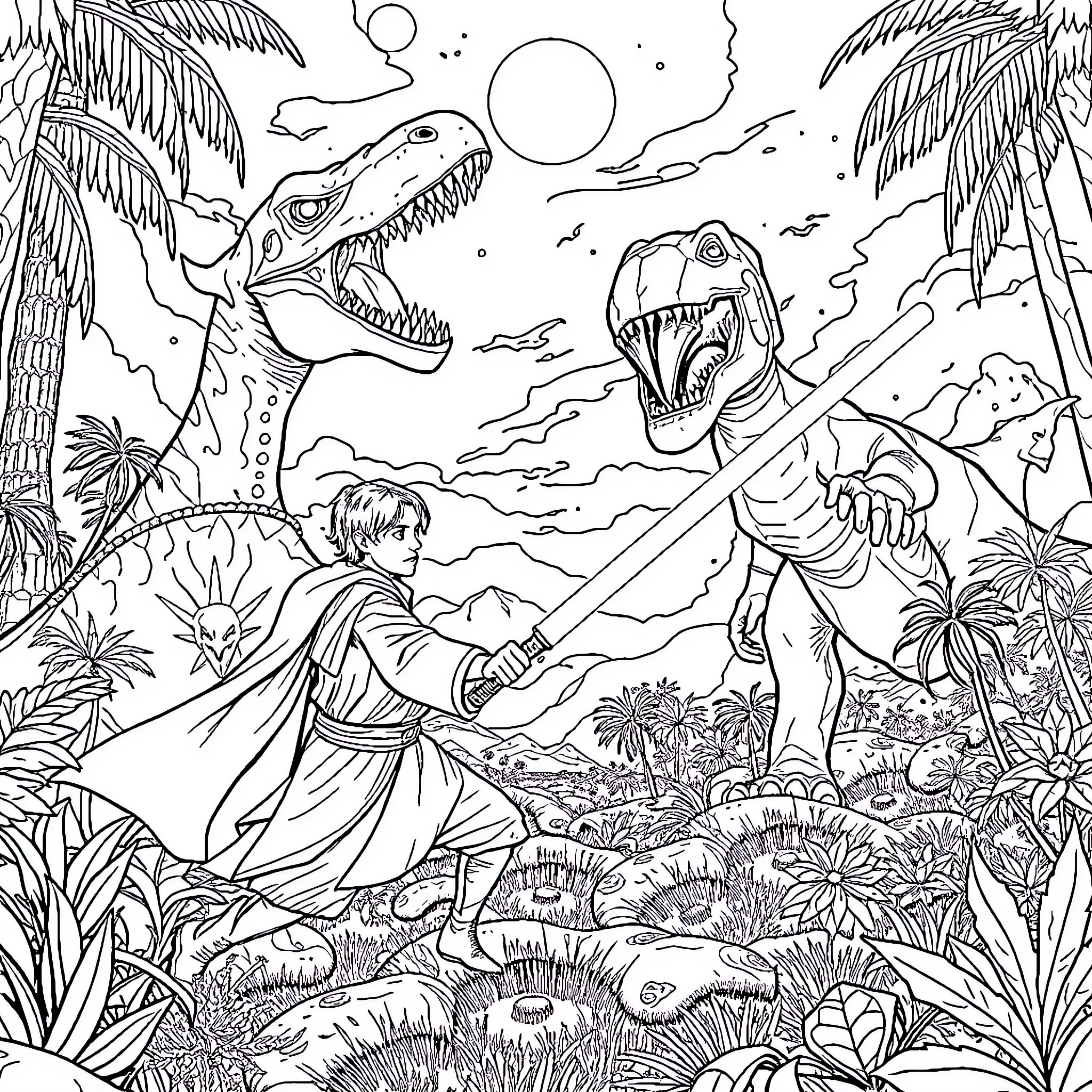 Jedi warriors battling fearsome dinosaurs in a lush jungle Coloring Page (free black-and-white line drawing printable PDF for all, from beginners to advanced learners, including children, teens, adults, and seniors)