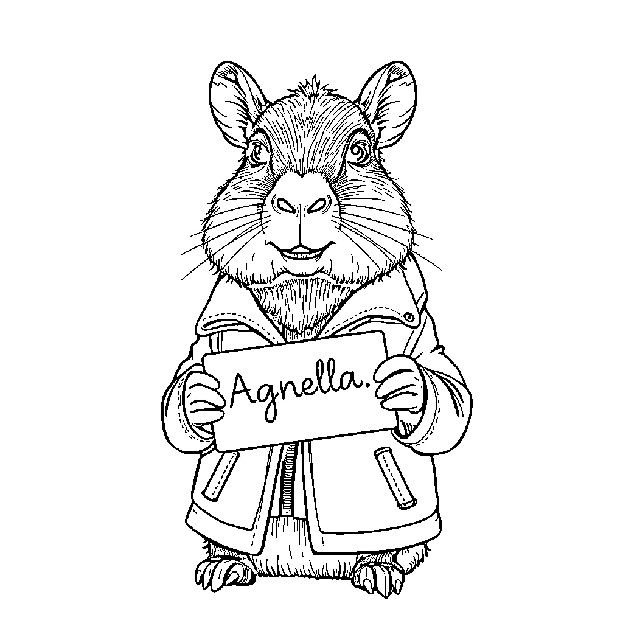 Capybara holding a sign in casual outfit Coloring Page (free black-and-white line drawing printable PDF for all, from beginners to advanced learners, including children, teens, adults, and seniors)