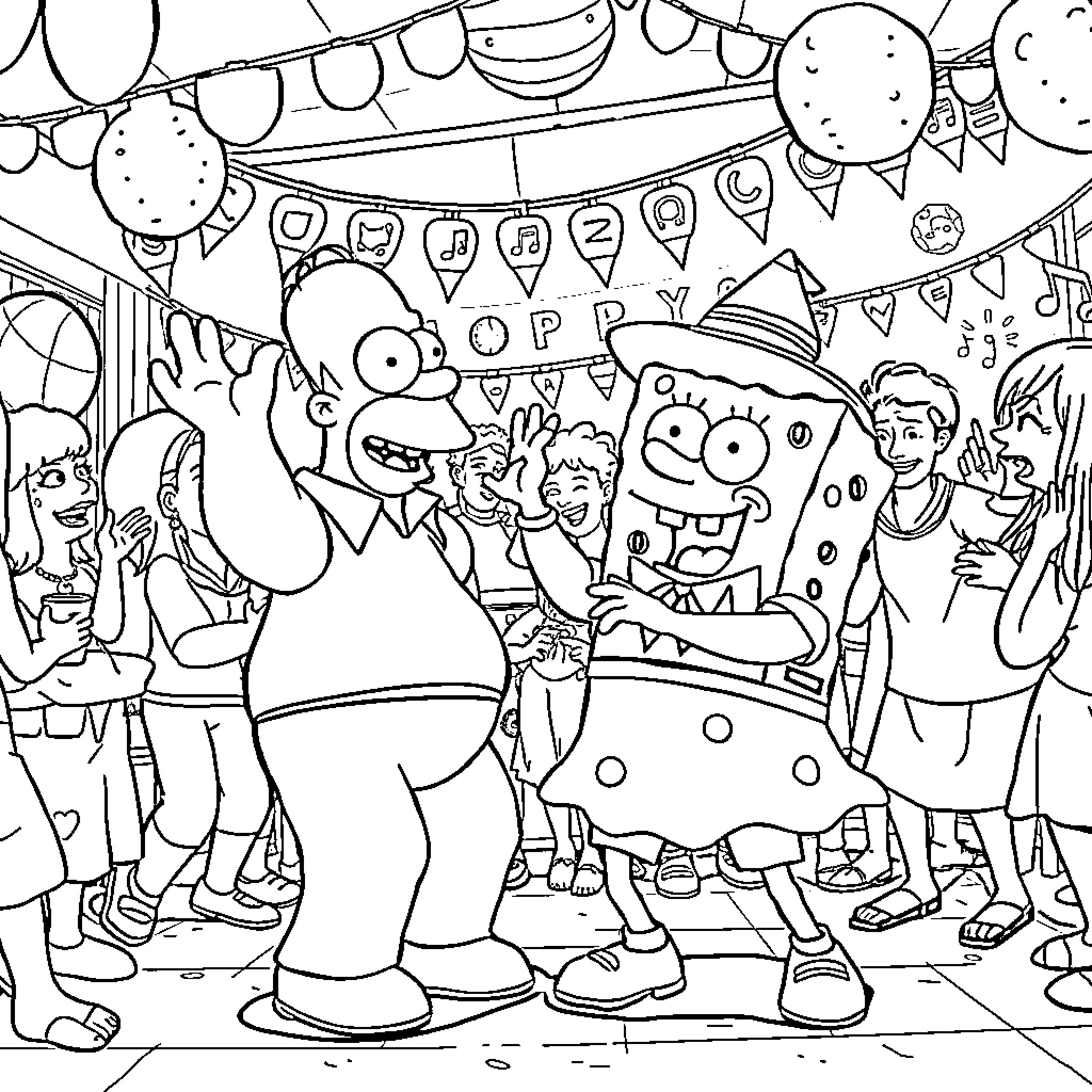 Homer Simpson celebrating a party with friends Coloring Page (free black-and-white line drawing printable PDF for all, from beginners to advanced learners, including children, teens, adults, and seniors)