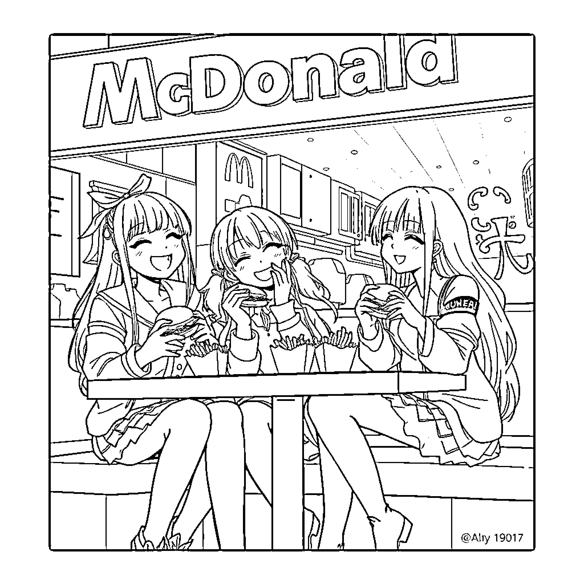 K-POP Demon Hunters Enjoying a Snack Break Coloring Page (free black-and-white line drawing printable PDF for all, from beginners to advanced learners, including children, teens, adults, and seniors)