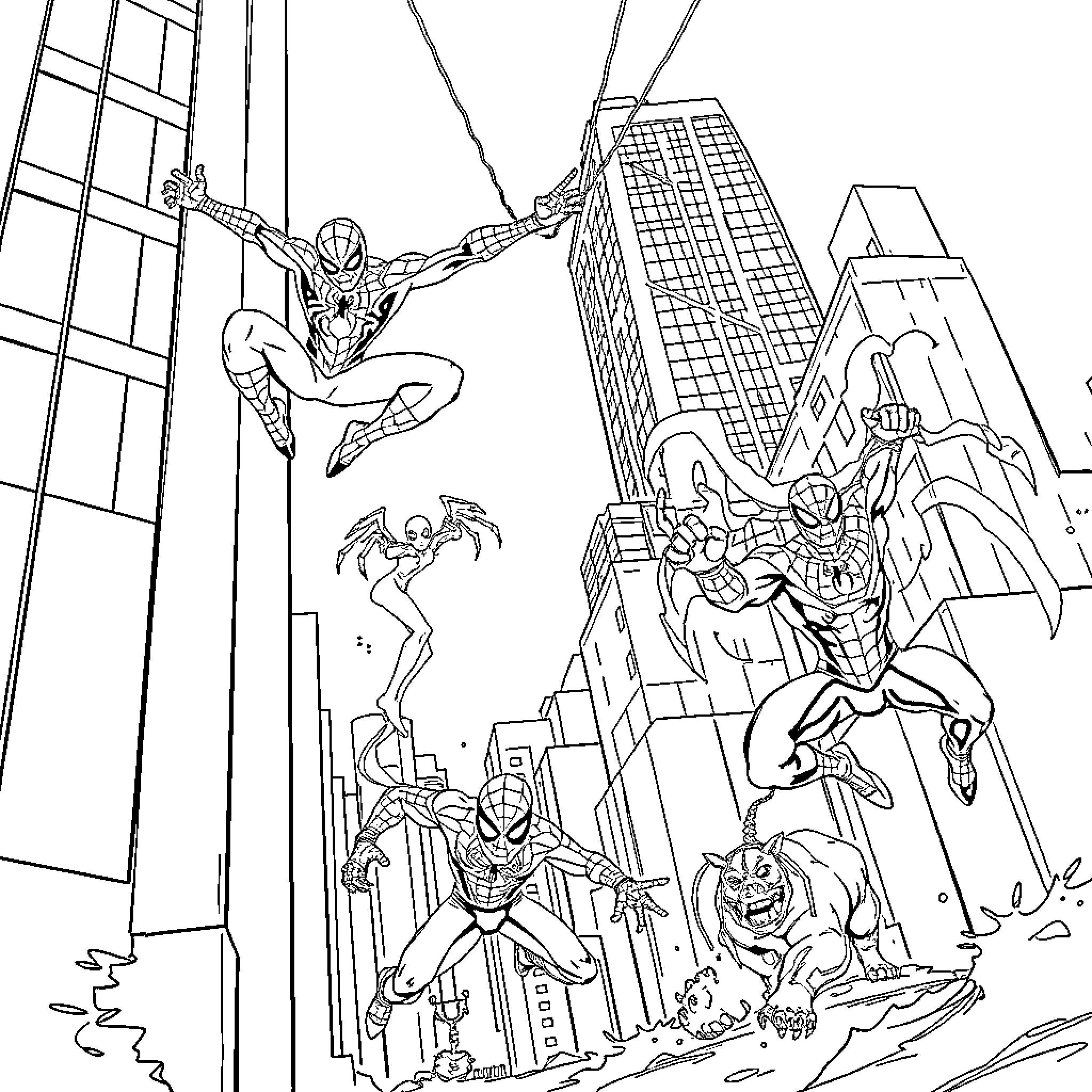 Spider Heroes Battling Villains in the City Coloring Page (free black-and-white line drawing printable PDF for all, from beginners to advanced learners, including children, teens, adults, and seniors)