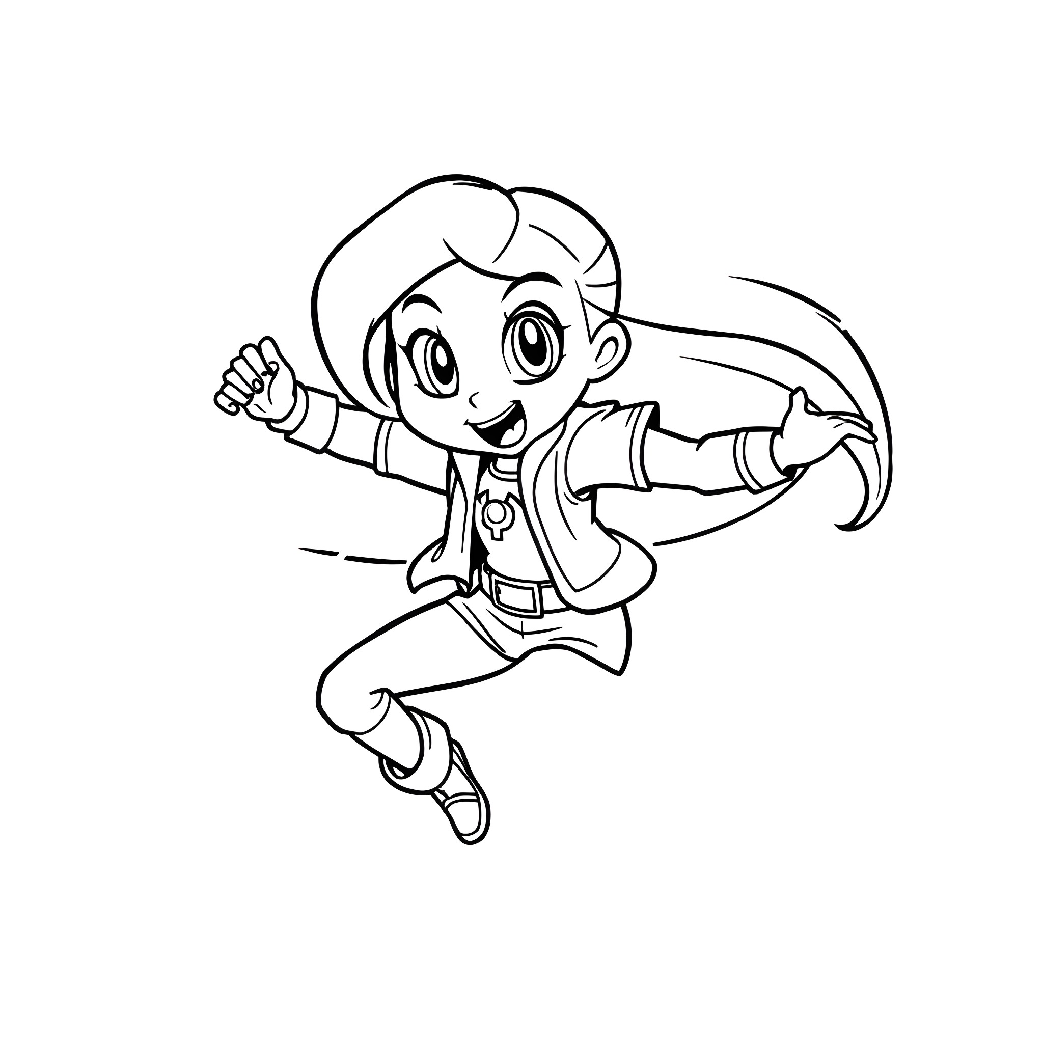 Kim Possible in action-packed pose Coloring Page (free black-and-white line drawing printable PDF for all, from beginners to advanced learners, including children, teens, adults, and seniors)