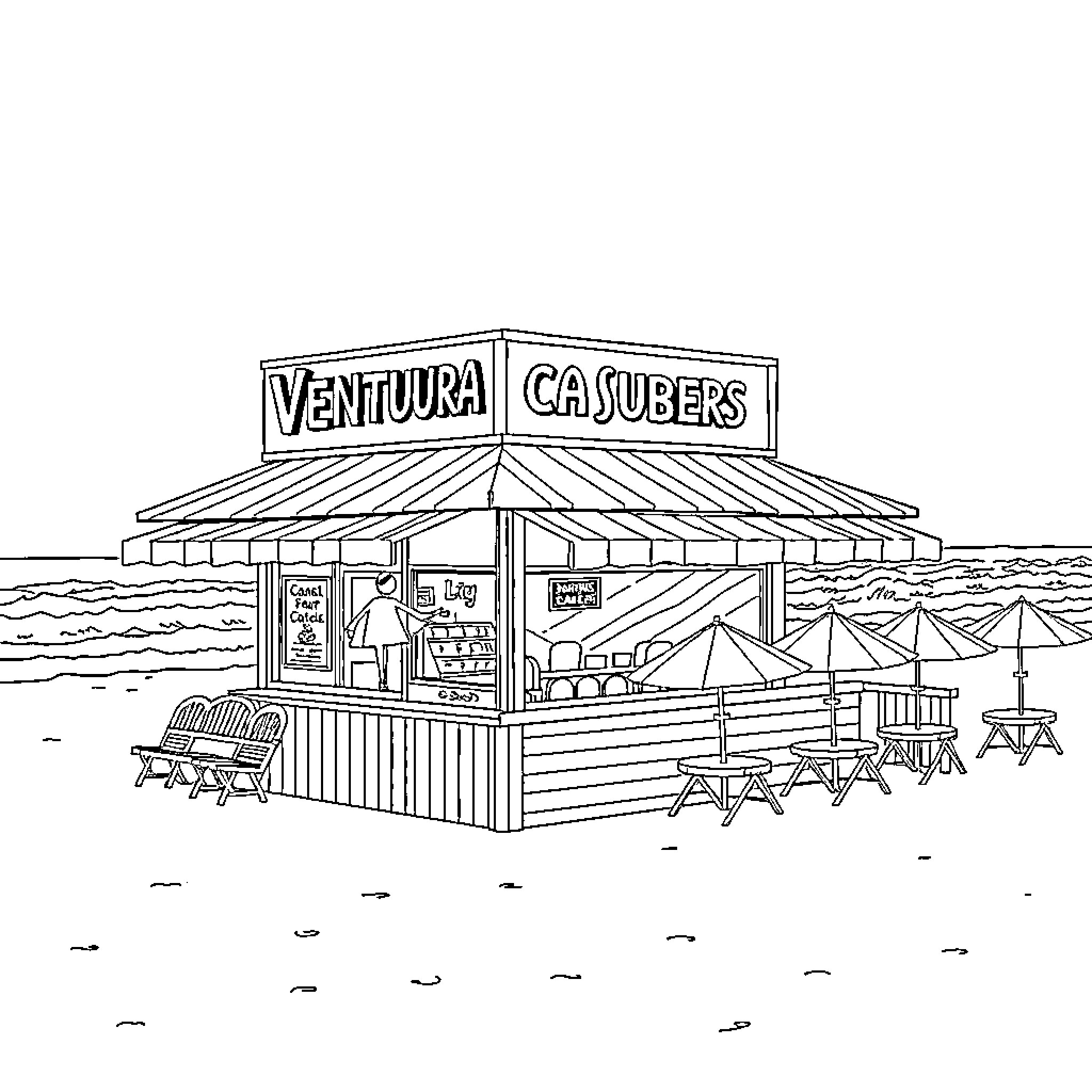 Sandwich shack by the beach Coloring Page (free black-and-white line drawing printable PDF for all, from beginners to advanced learners, including children, teens, adults, and seniors)