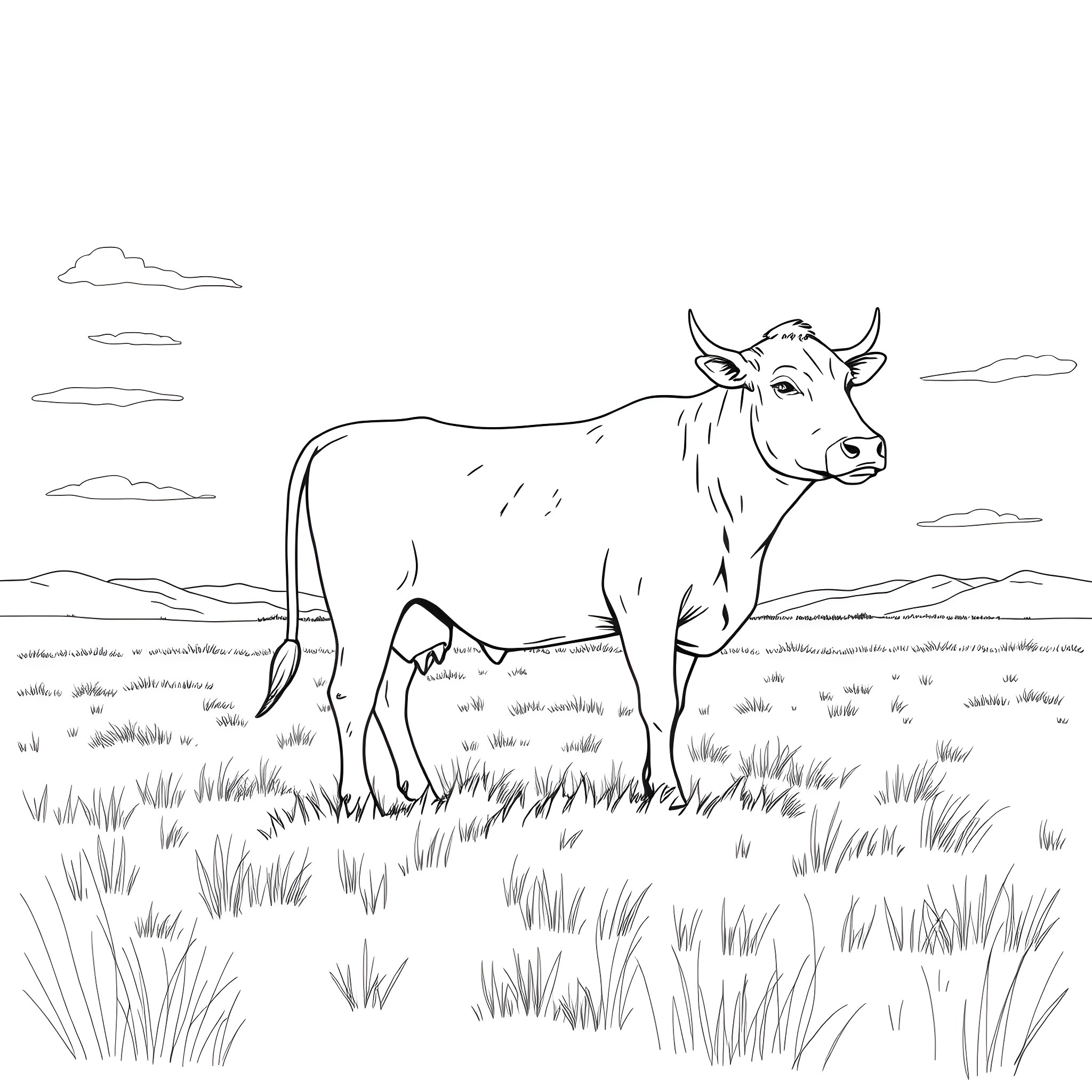 Calf standing in the grassy field Coloring Page (free black-and-white line drawing printable PDF for all, from beginners to advanced learners, including children, teens, adults, and seniors)