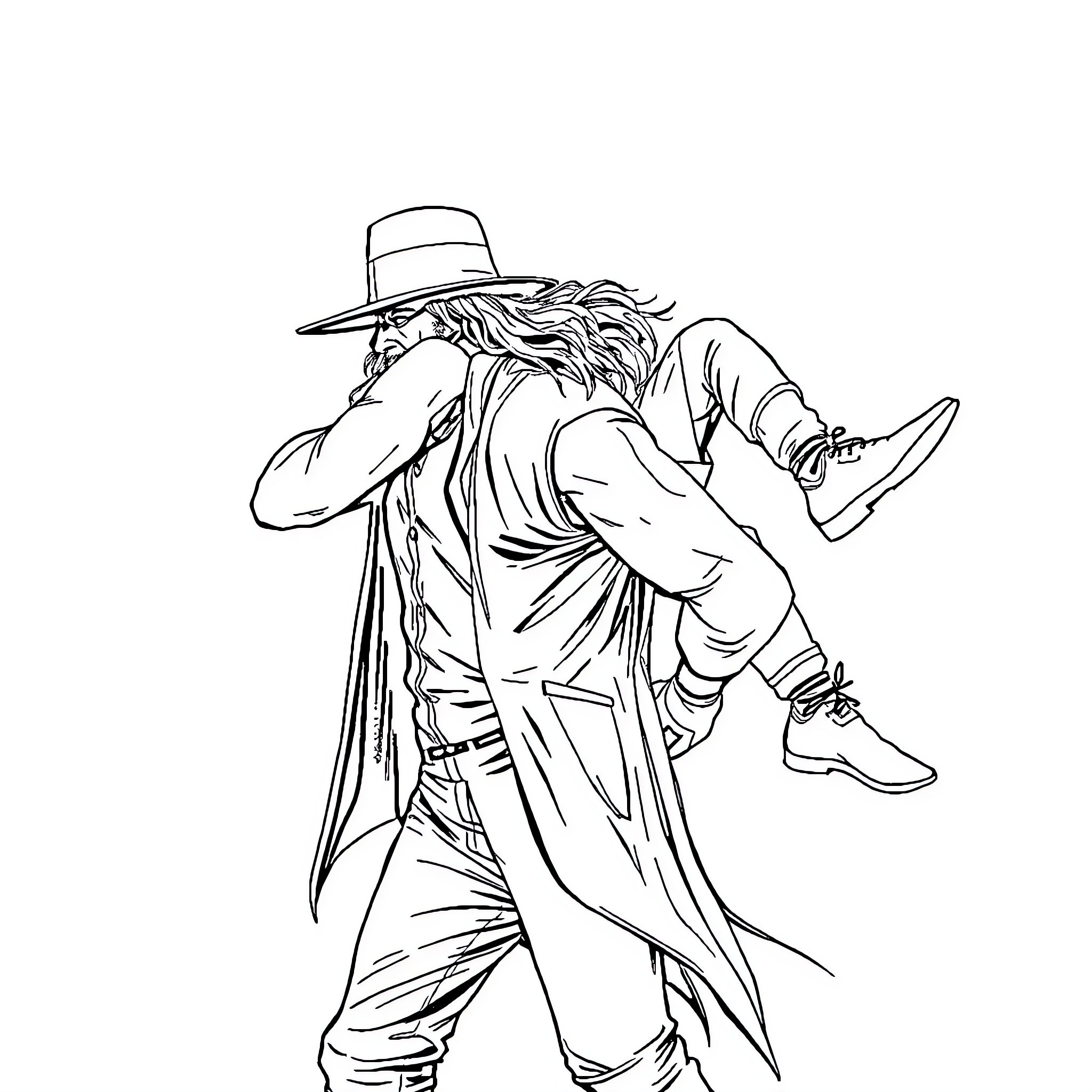 Undertaker in Mysterious and Ominous Pose Coloring Page (free black-and-white line drawing printable PDF for all, from beginners to advanced learners, including children, teens, adults, and seniors)