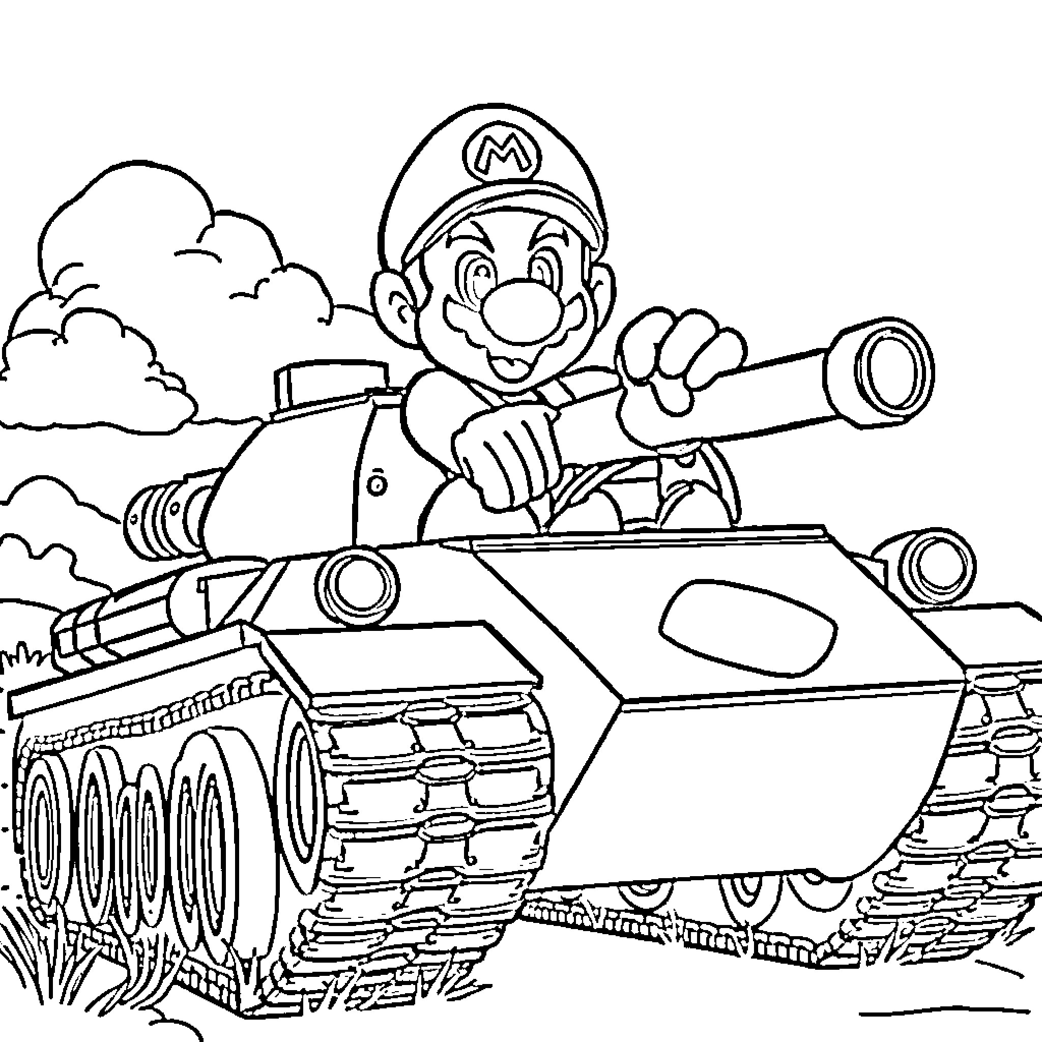Mario driving a tank through the battlefield Coloring Page (free black-and-white line drawing printable PDF for all, from beginners to advanced learners, including children, teens, adults, and seniors)