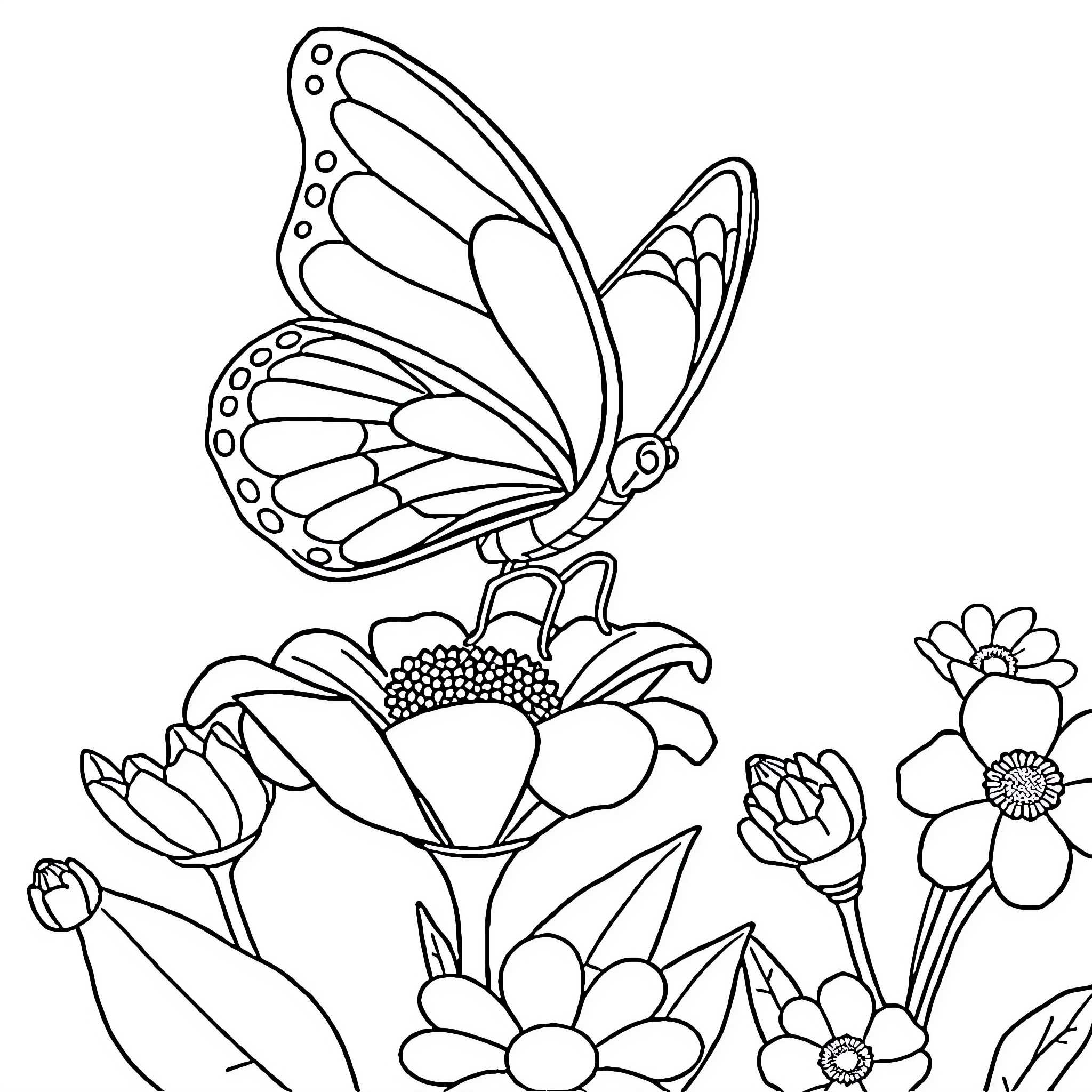 Butterfly resting on vibrant flowers Coloring Page (free black-and-white line drawing printable PDF for all, from beginners to advanced learners, including children, teens, adults, and seniors)