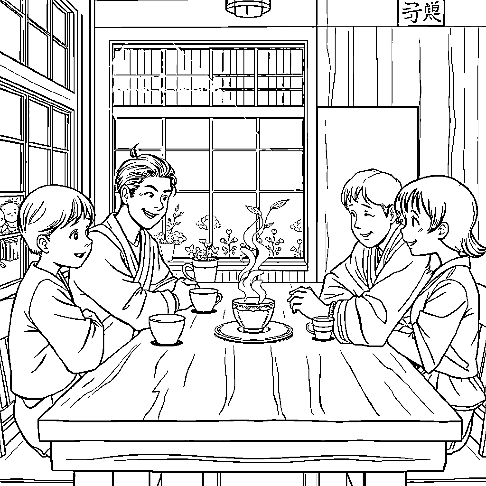 Tanjiro's Traditional Tea Gathering Coloring Page (free black-and-white line drawing printable PDF for all, from beginners to advanced learners, including children, teens, adults, and seniors)