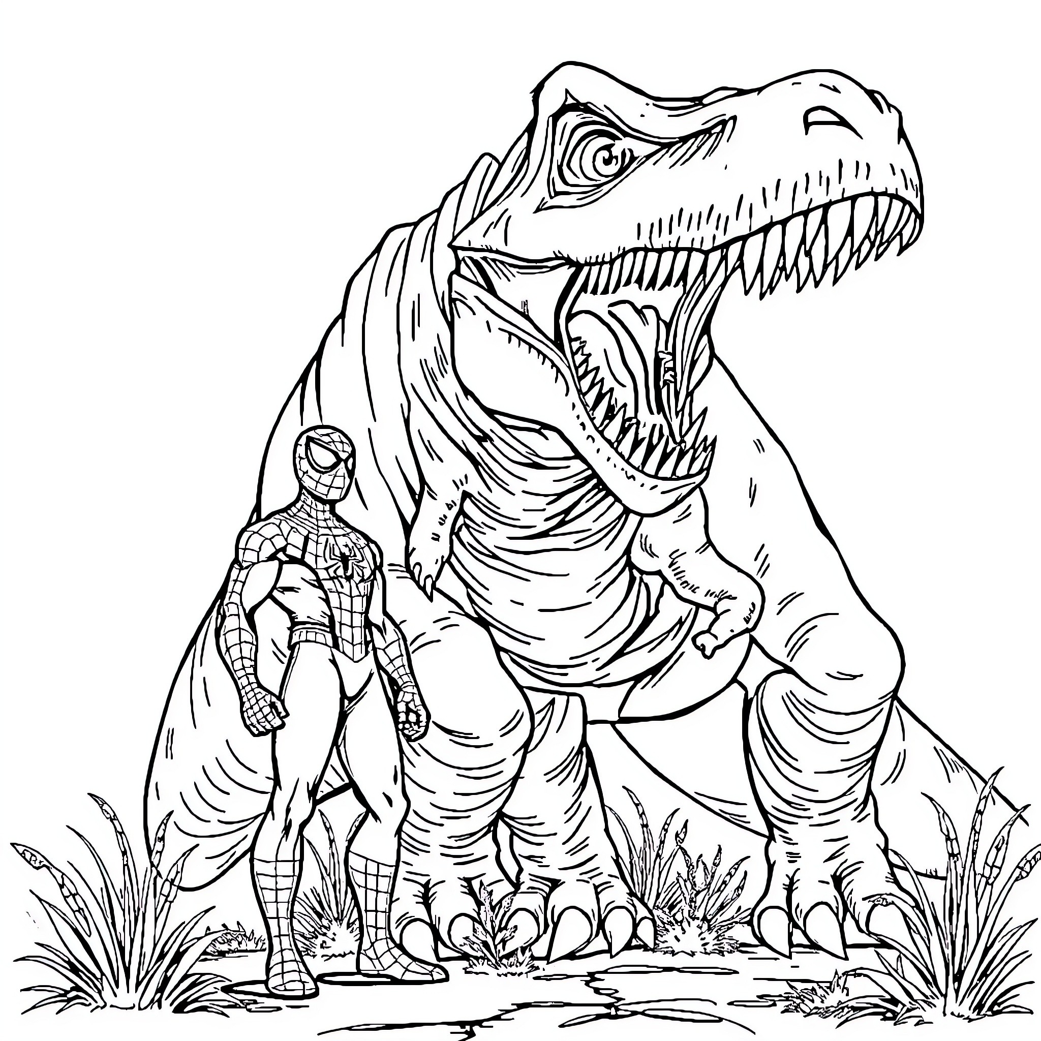 Spiderman confronting a Tyrannosaurus Rex Coloring Page (free black-and-white line drawing printable PDF for all, from beginners to advanced learners, including children, teens, adults, and seniors)