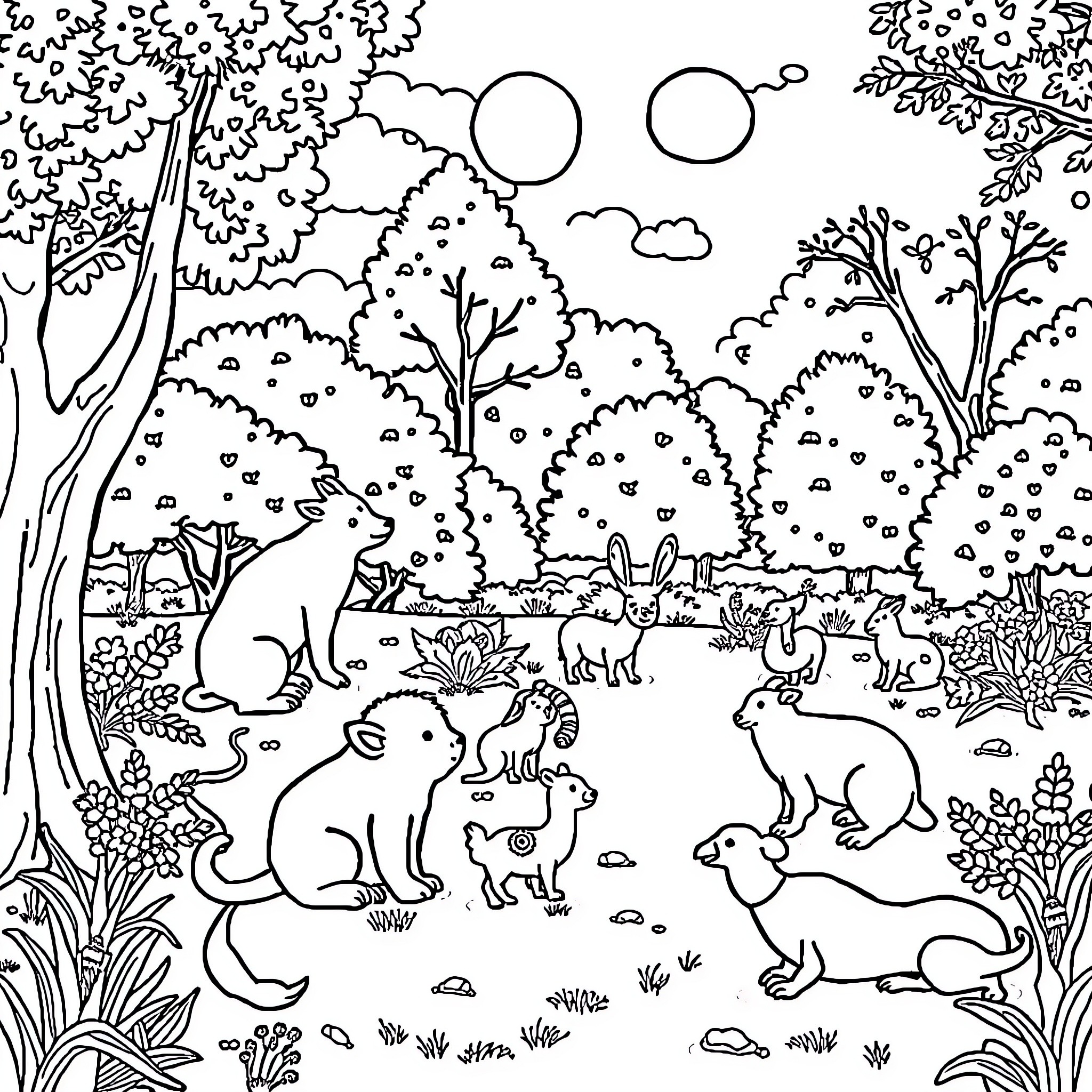 Animal Forest Scene with Various Creatures Coloring Page (free black-and-white line drawing printable PDF for all, from beginners to advanced learners, including children, teens, adults, and seniors)