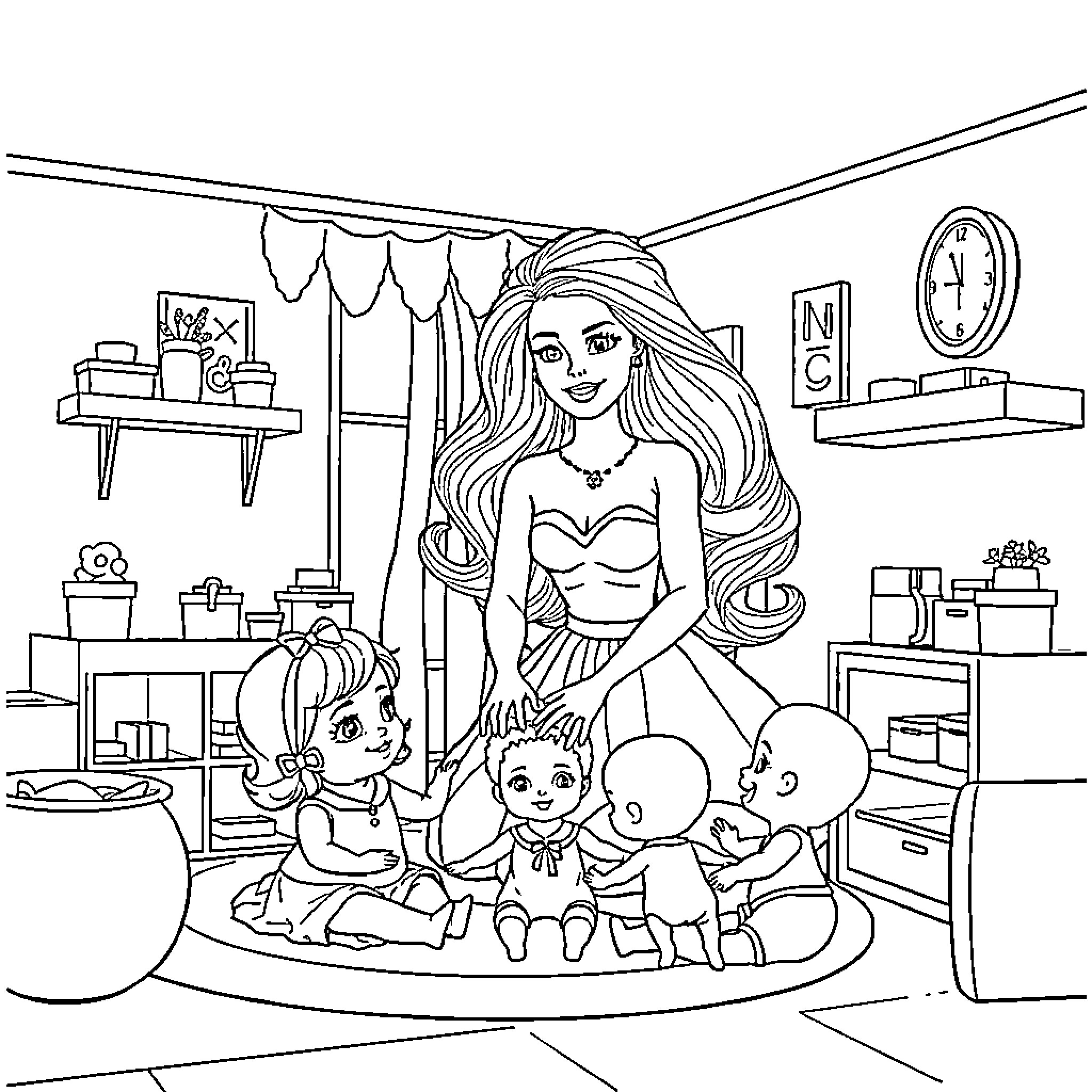 Barbie playing with children in a cozy room Coloring Page (free black-and-white line drawing printable PDF for all, from beginners to advanced learners, including children, teens, adults, and seniors)