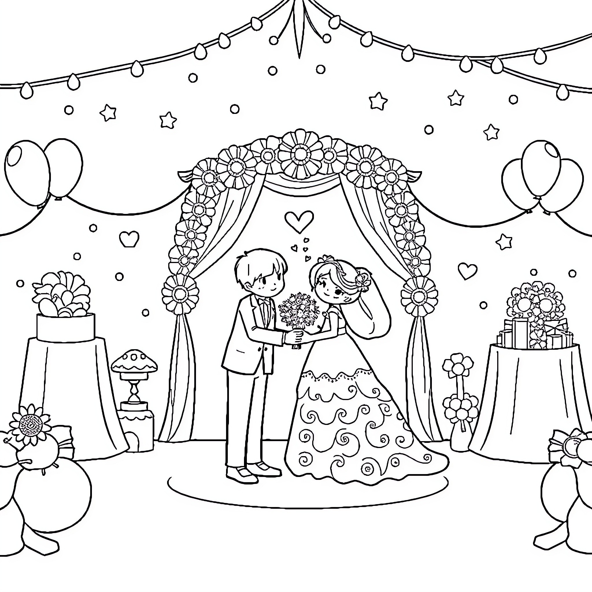 Wedding Ceremony with Decorative Arch and Balloons Coloring Page (free black-and-white line drawing printable PDF for all, from beginners to advanced learners, including children, teens, adults, and seniors)