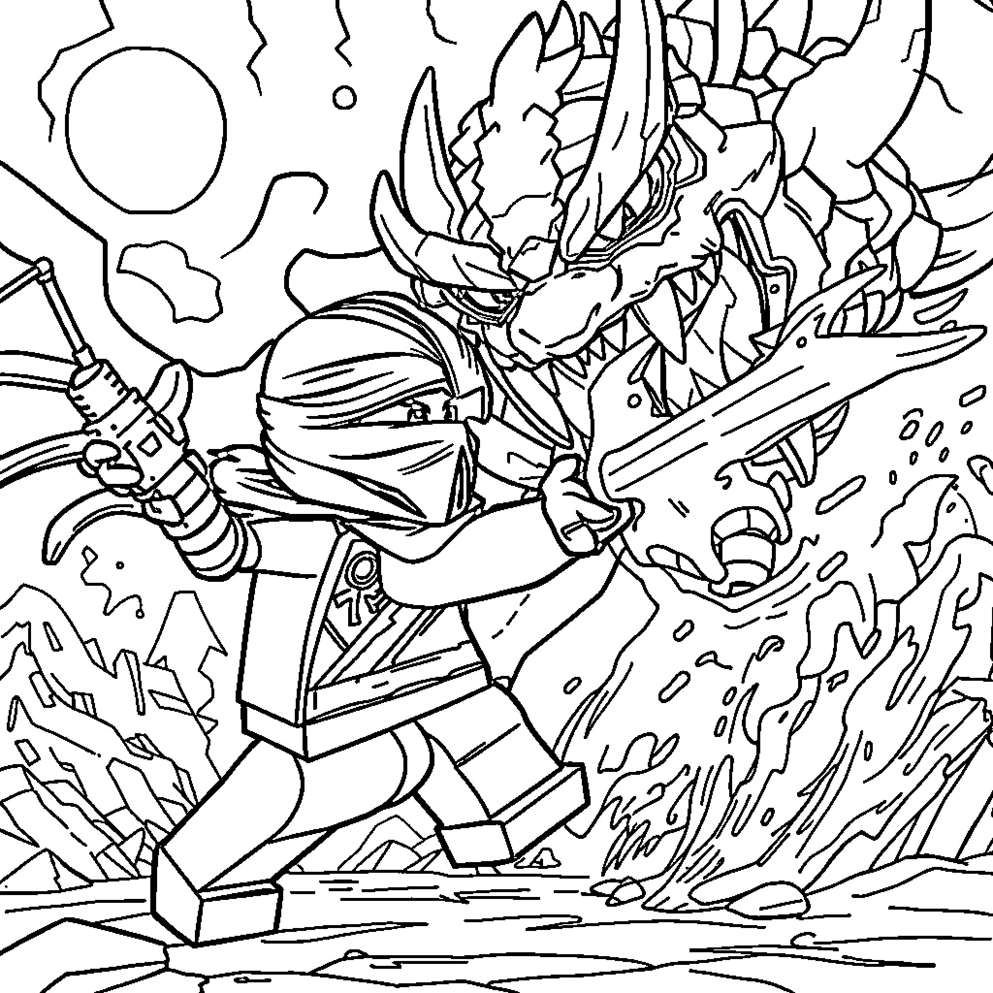 Ninjago: Ninja warrior in action against a fierce dragon Coloring Page (free black-and-white line drawing printable PDF for all, from beginners to advanced learners, including children, teens, adults, and seniors)
