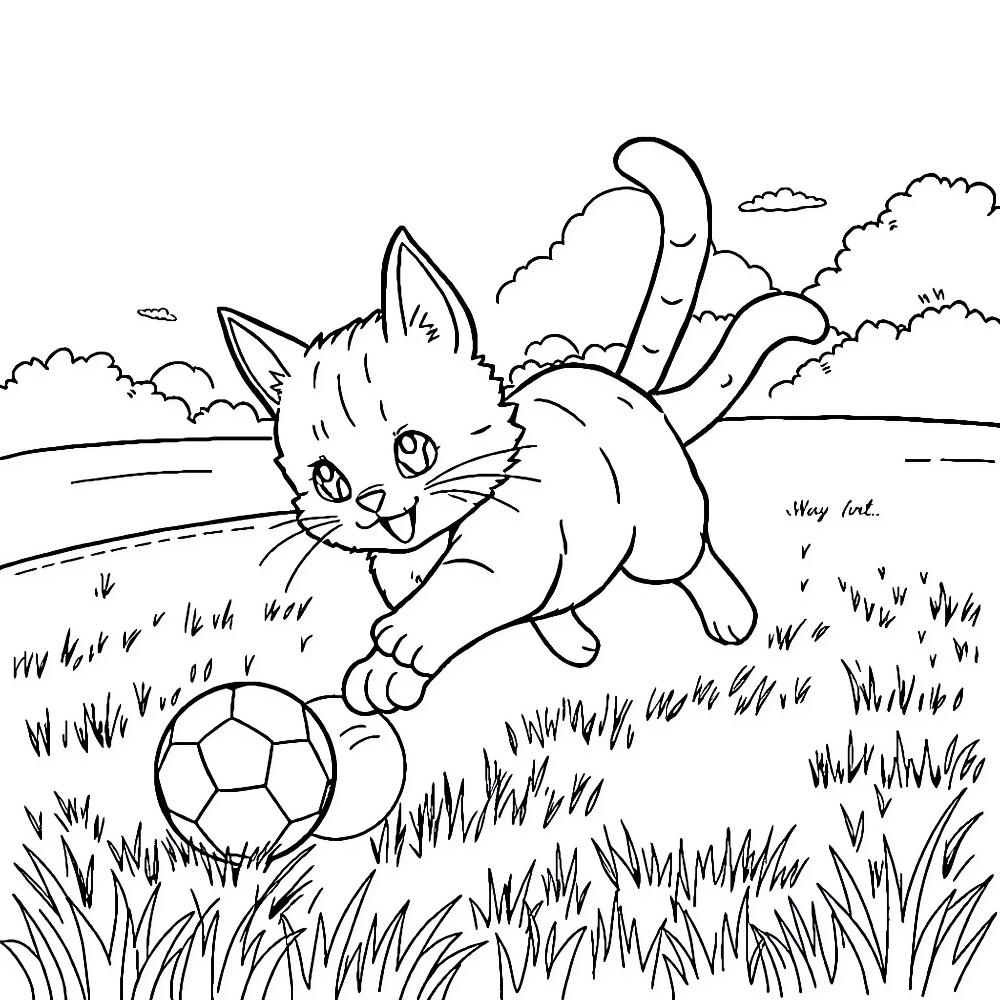 Cat playing with soccer ball in grassy field Coloring Page (free black-and-white line drawing printable PDF for all, from beginners to advanced learners, including children, teens, adults, and seniors)